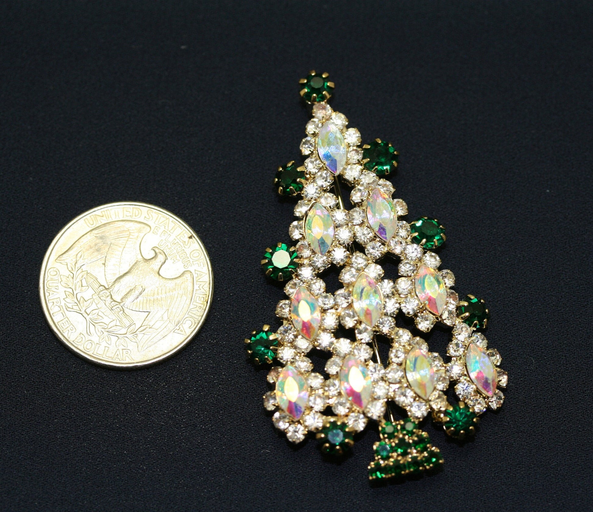 Multi Tiered Aurora Borealis Marquise Rhinestone Christmas Tree Brooch Pin, Xmas Holiday Jewelry Gift