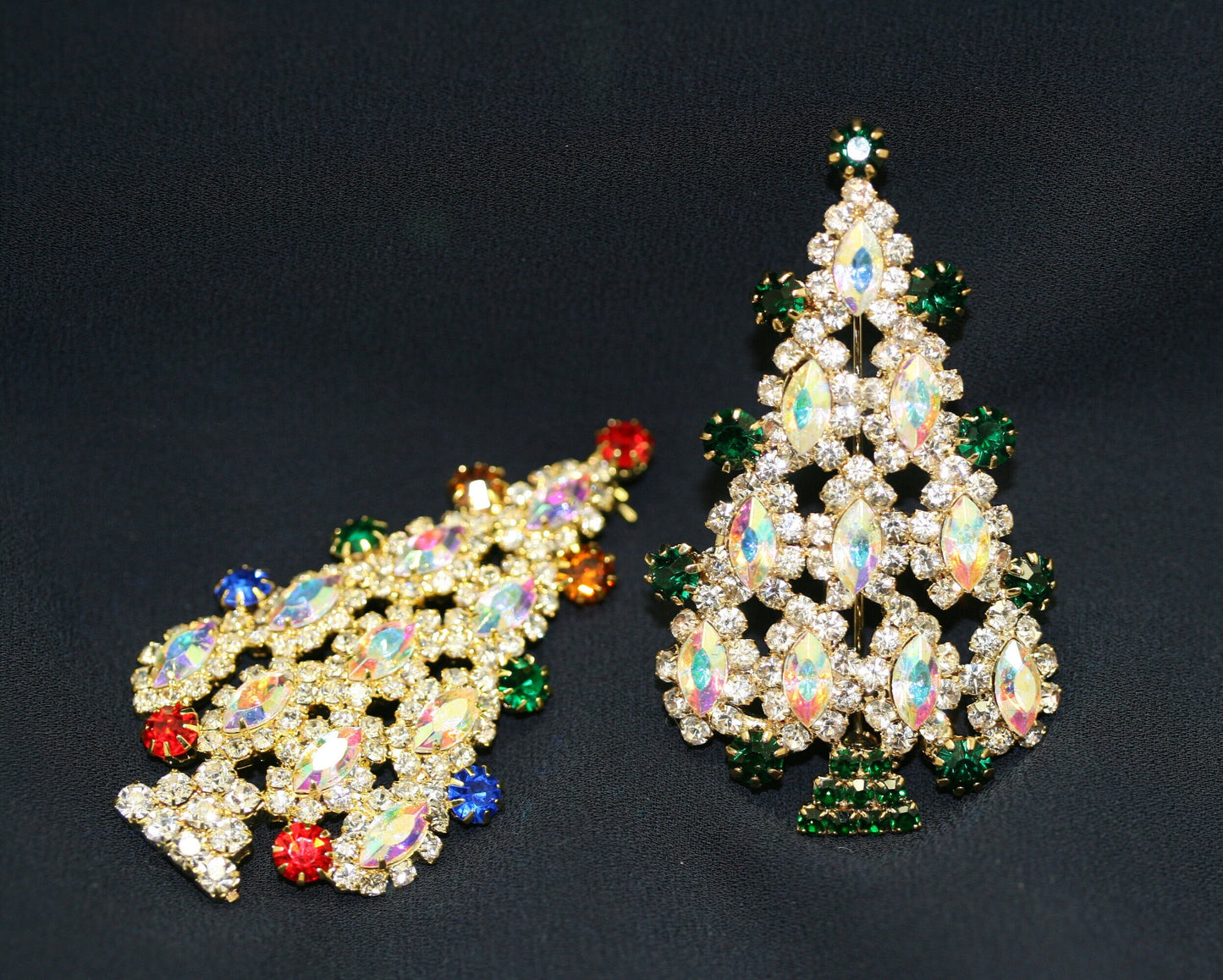 Multi Tiered Aurora Borealis Marquise Rhinestone Christmas Tree Brooch Pin, Xmas Holiday Jewelry Gift