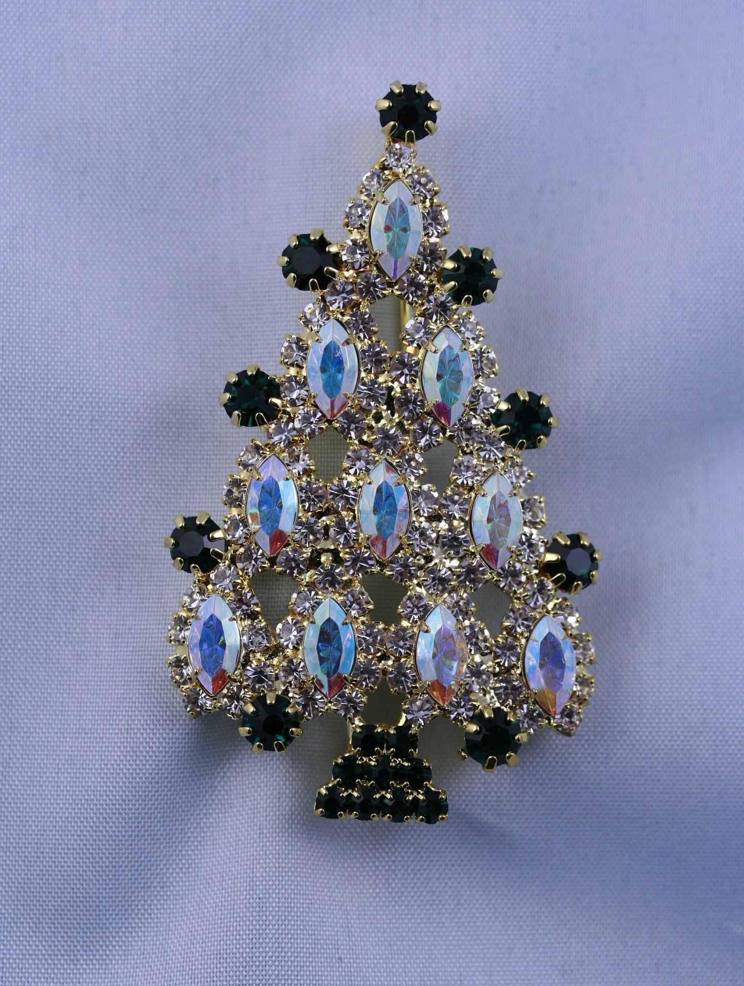 Multi Tiered Aurora Borealis Marquise Rhinestone Christmas Tree Brooch Pin, Xmas Holiday Jewelry Gift