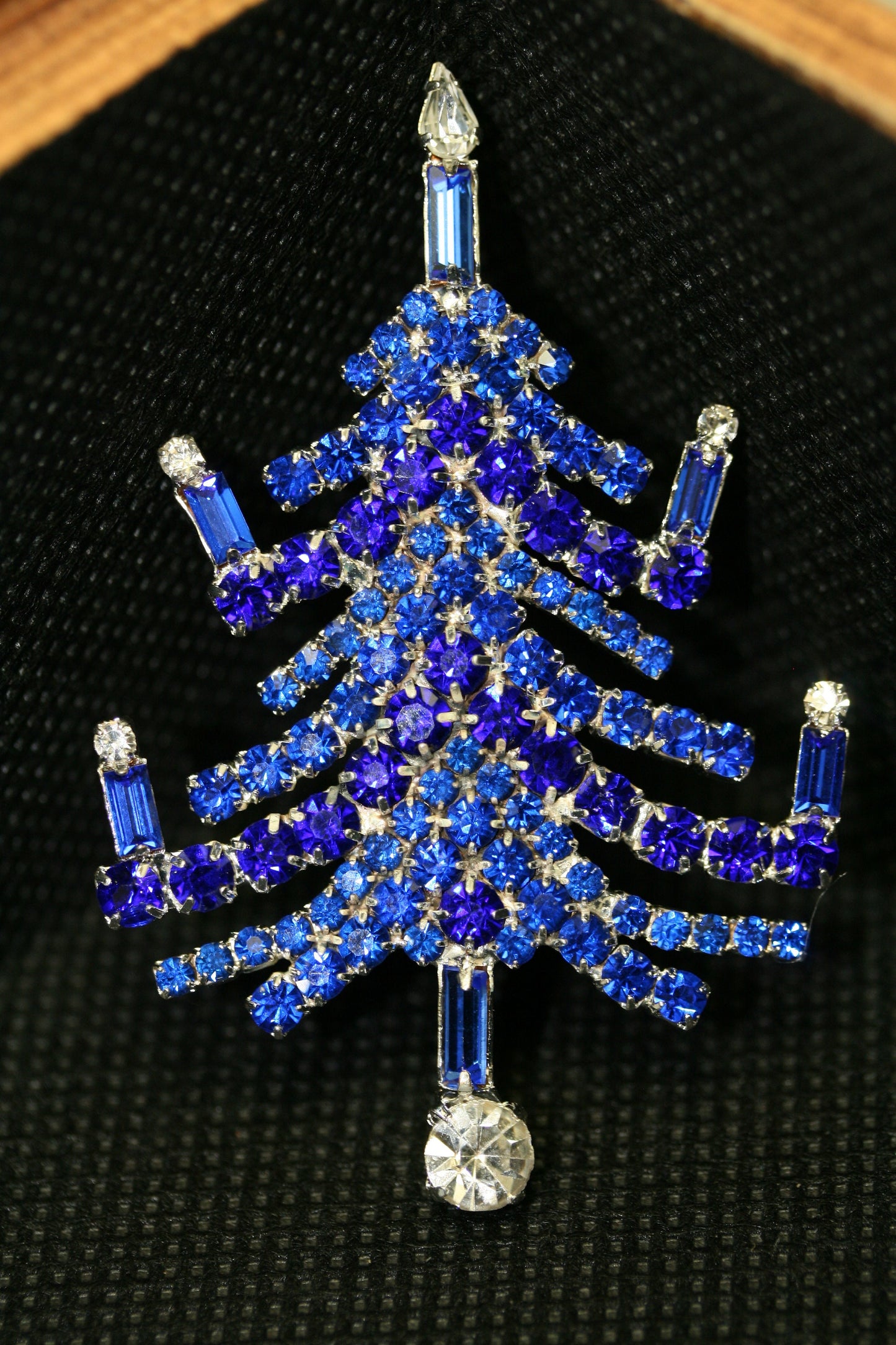 Vintage Christmas Tree Prong Set Brooch Pin Blue Sapphire Rhinestones Candles, Xmas Holiday Jewelry Gift
