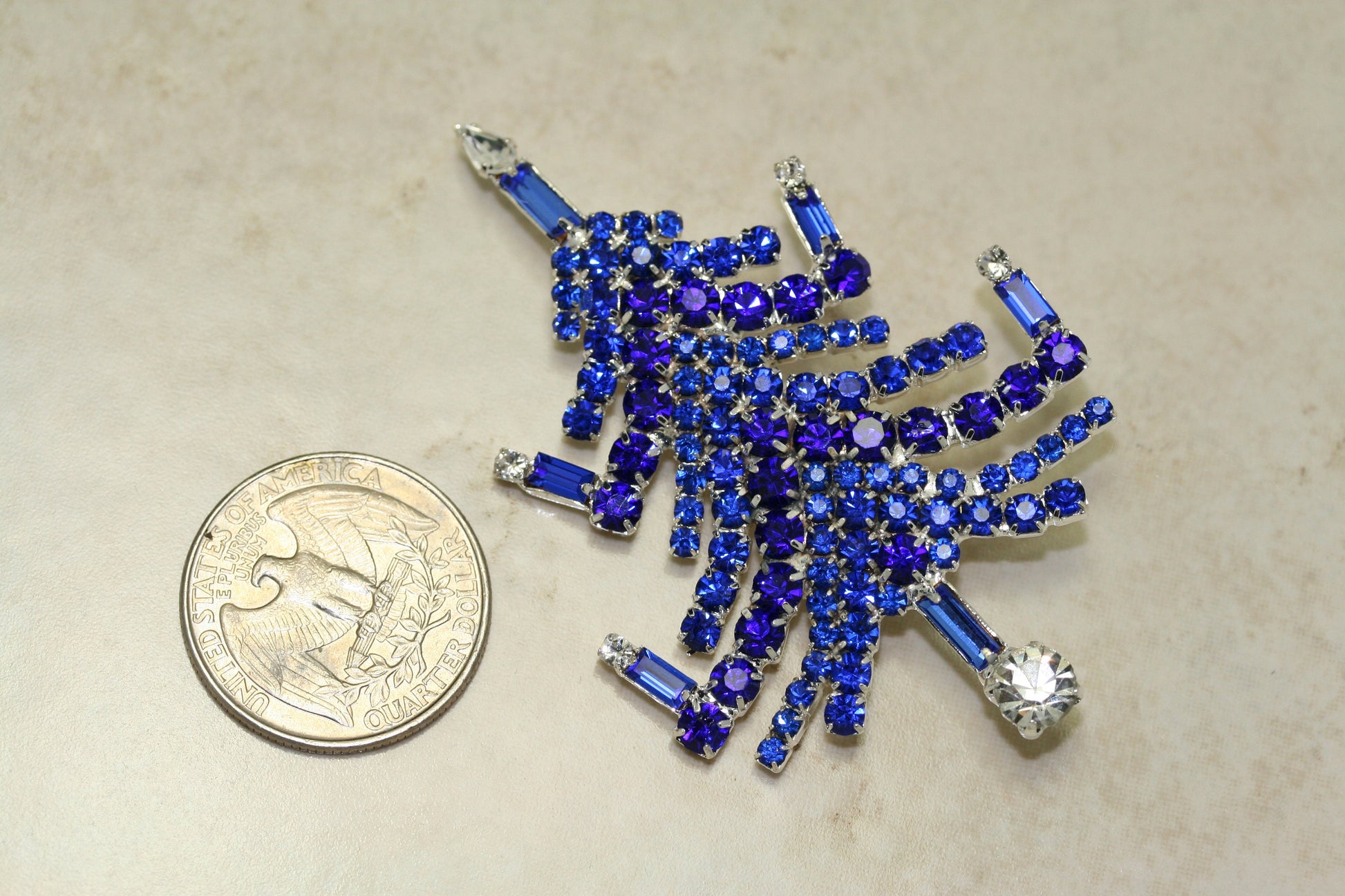 Vintage Christmas Tree Prong Set Brooch Pin Blue Sapphire Rhinestones Candles, Xmas Holiday Jewelry Gift