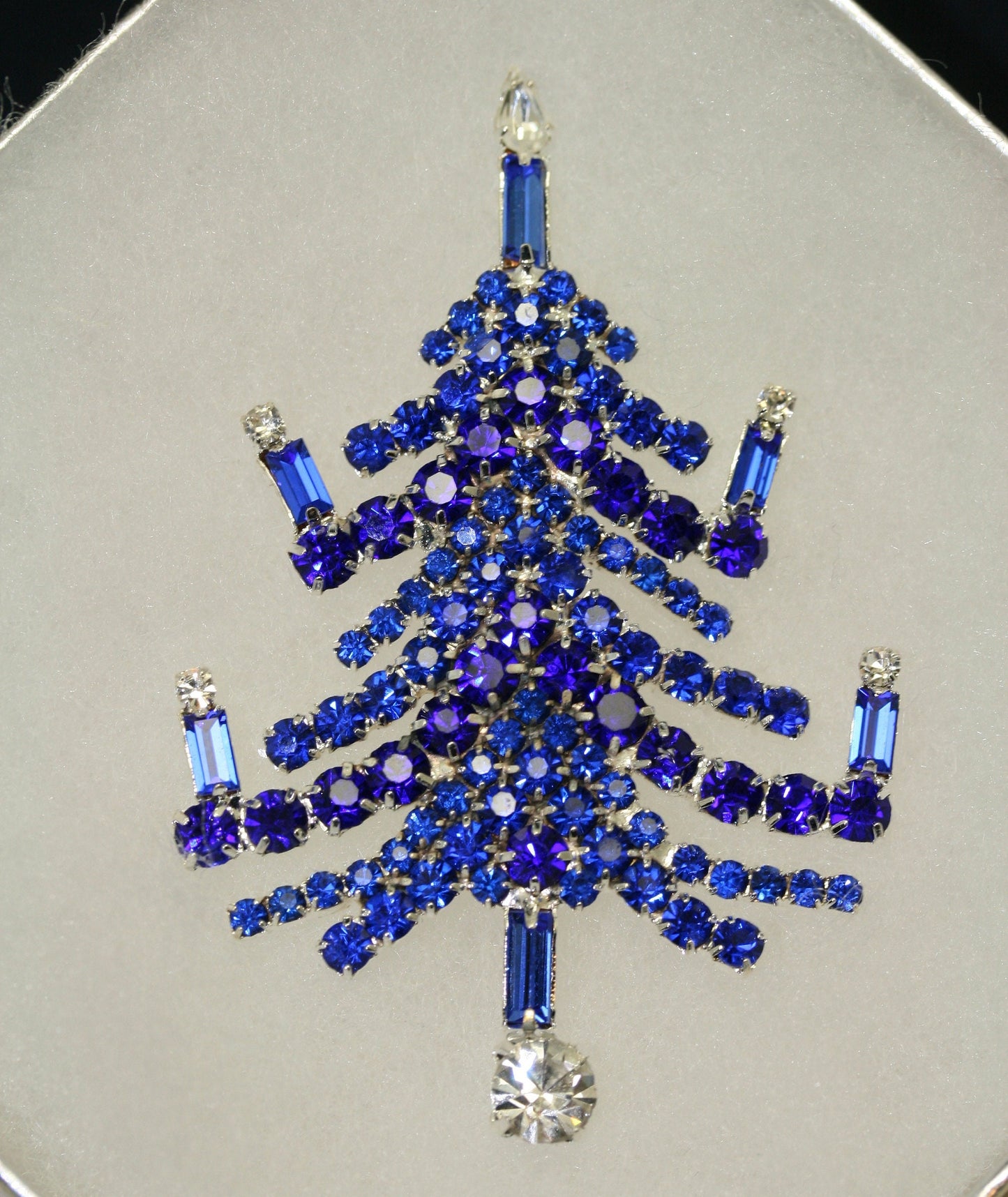 Vintage Christmas Tree Prong Set Brooch Pin Blue Sapphire Rhinestones Candles, Xmas Holiday Jewelry Gift
