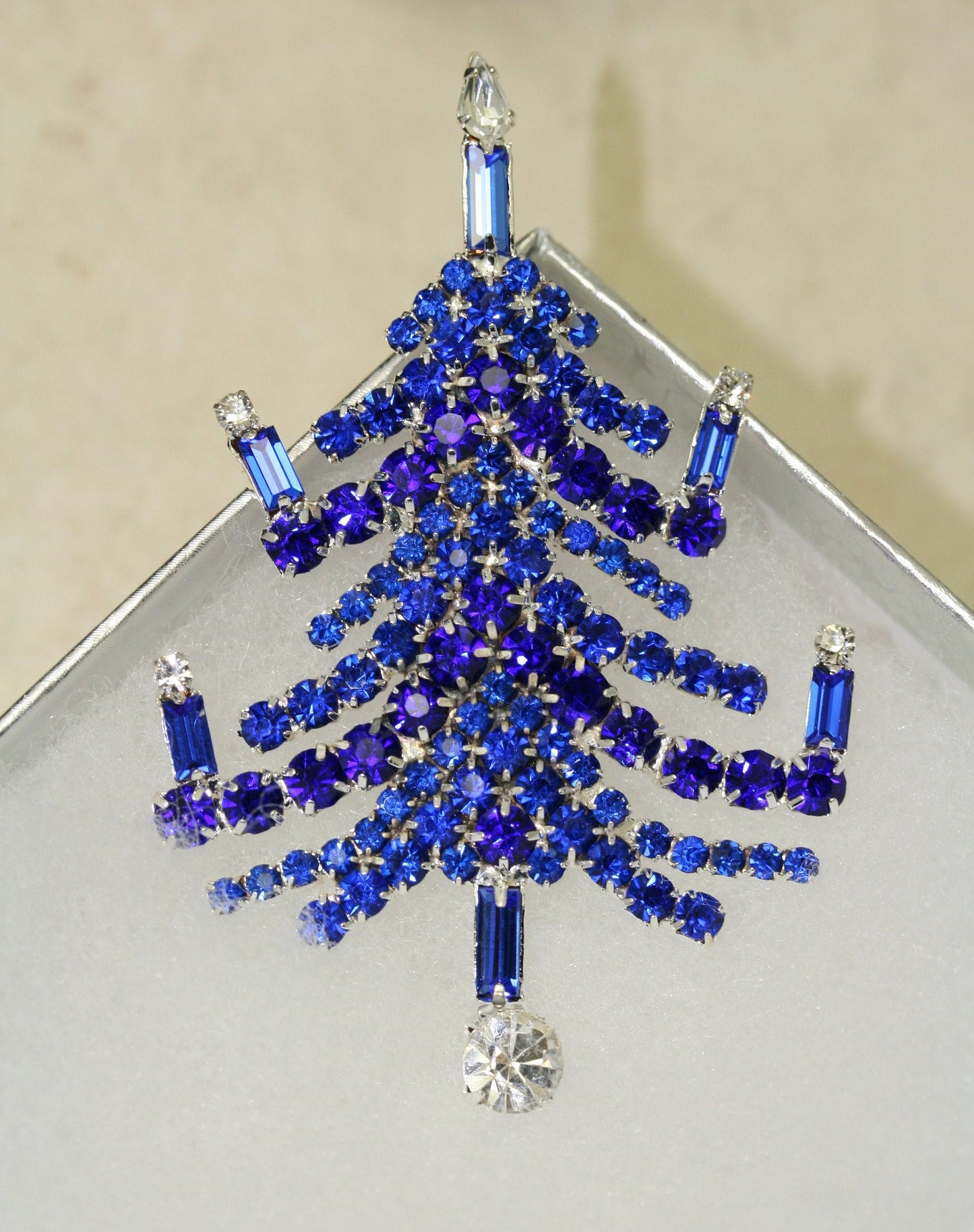 Vintage Christmas Tree Prong Set Brooch Pin Blue Sapphire Rhinestones Candles, Xmas Holiday Jewelry Gift