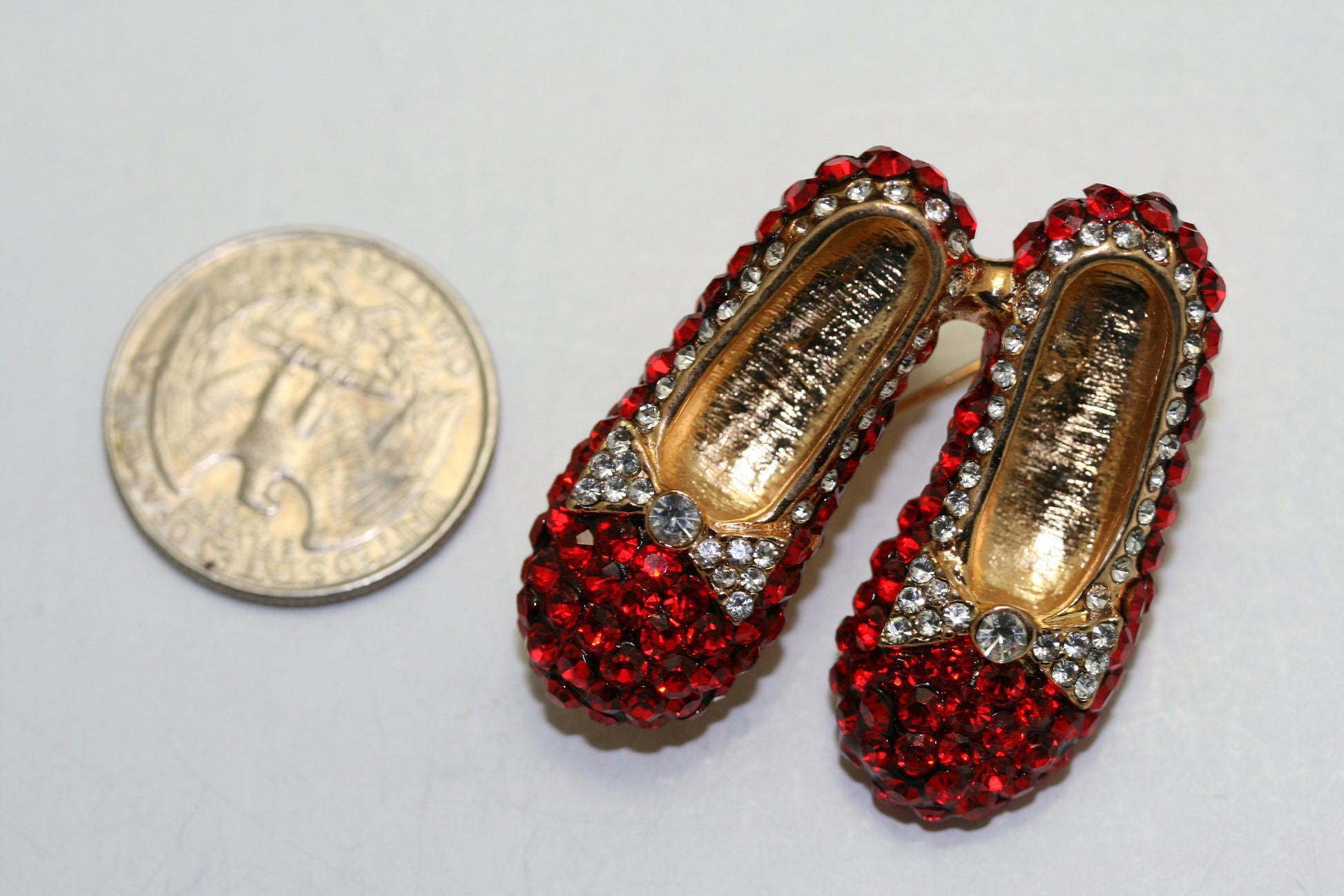 Ruby Rhinestone Slipper Brooch/Pin & Dangle Earrings Set, Red Ruby Rhinestone Gold Tone Slipper Jewelry Set