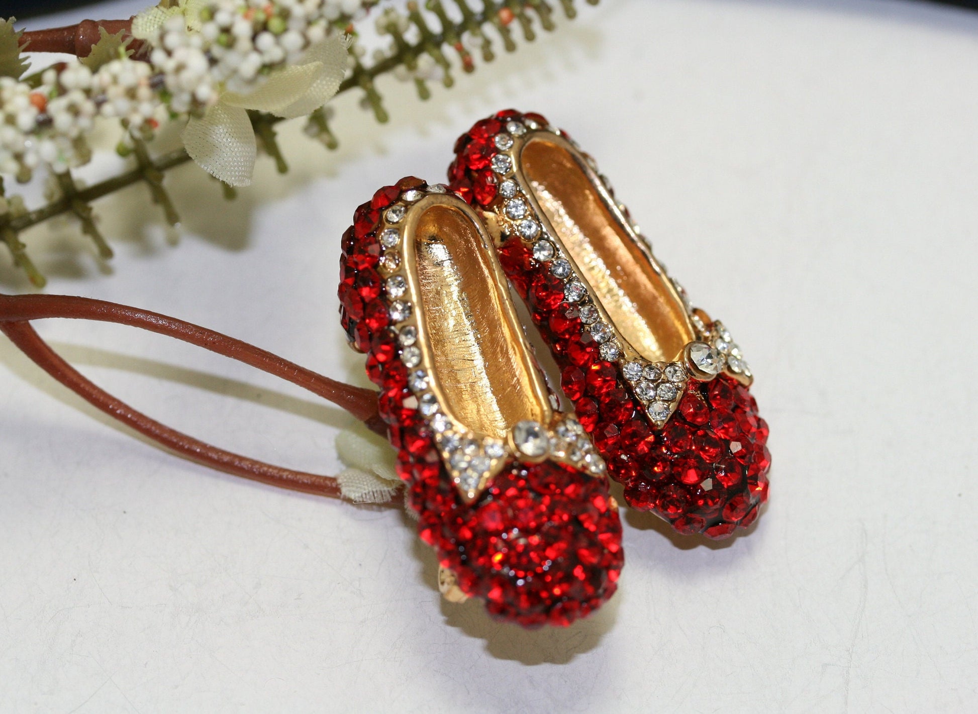 Ruby Rhinestone Slipper Brooch/Pin & Dangle Earrings Set, Red Ruby Rhinestone Gold Tone Slipper Jewelry Set
