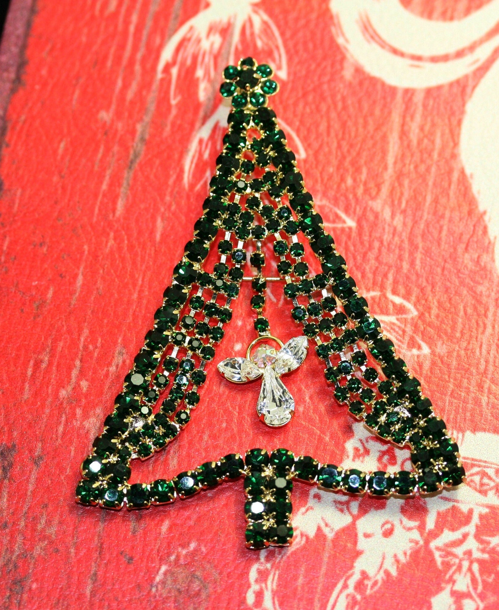 Emerald Green Rhinestone Christmas Tree Brooch Pin, Crystal Christmas Tree, Costume Holiday Jewelry Gift