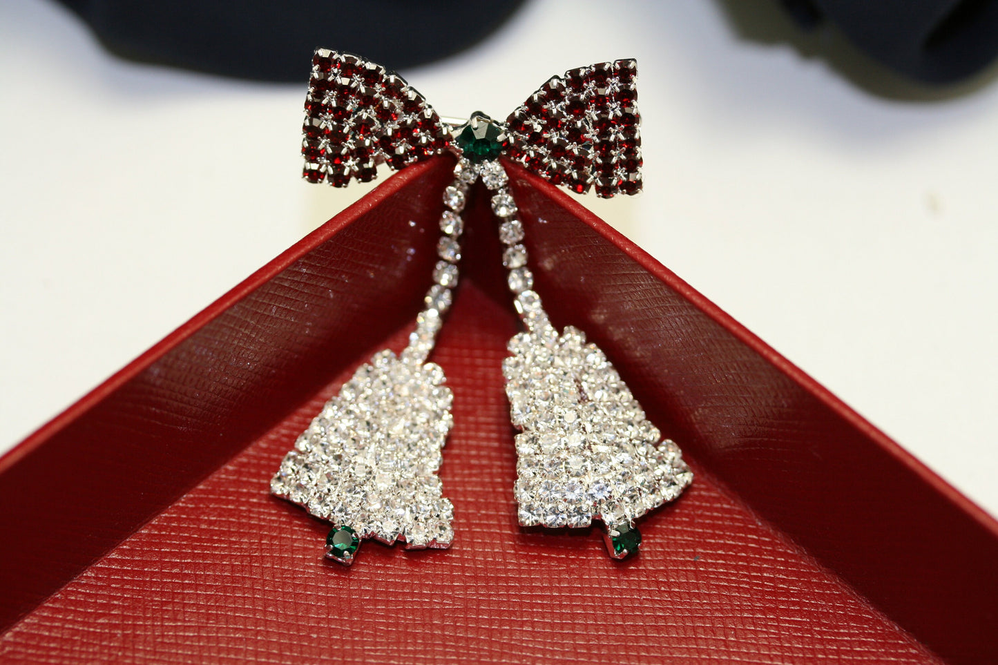 Eisenberg Ice Design Rhinestone Christmas Bells Brooch Pin (NO MARK), Crystal Xmas Holiday Jewelry Gift