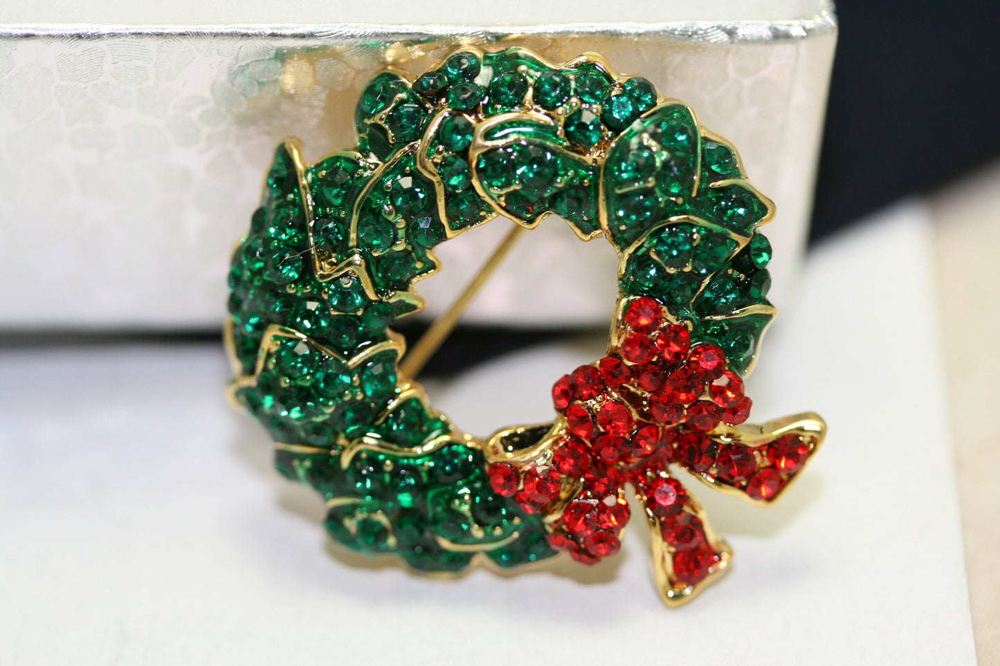 Vintage Rhinestone Christmas Wreath Brooch With Red Bow, Xmas Holiday Jewelry Gift, Wreath Pin