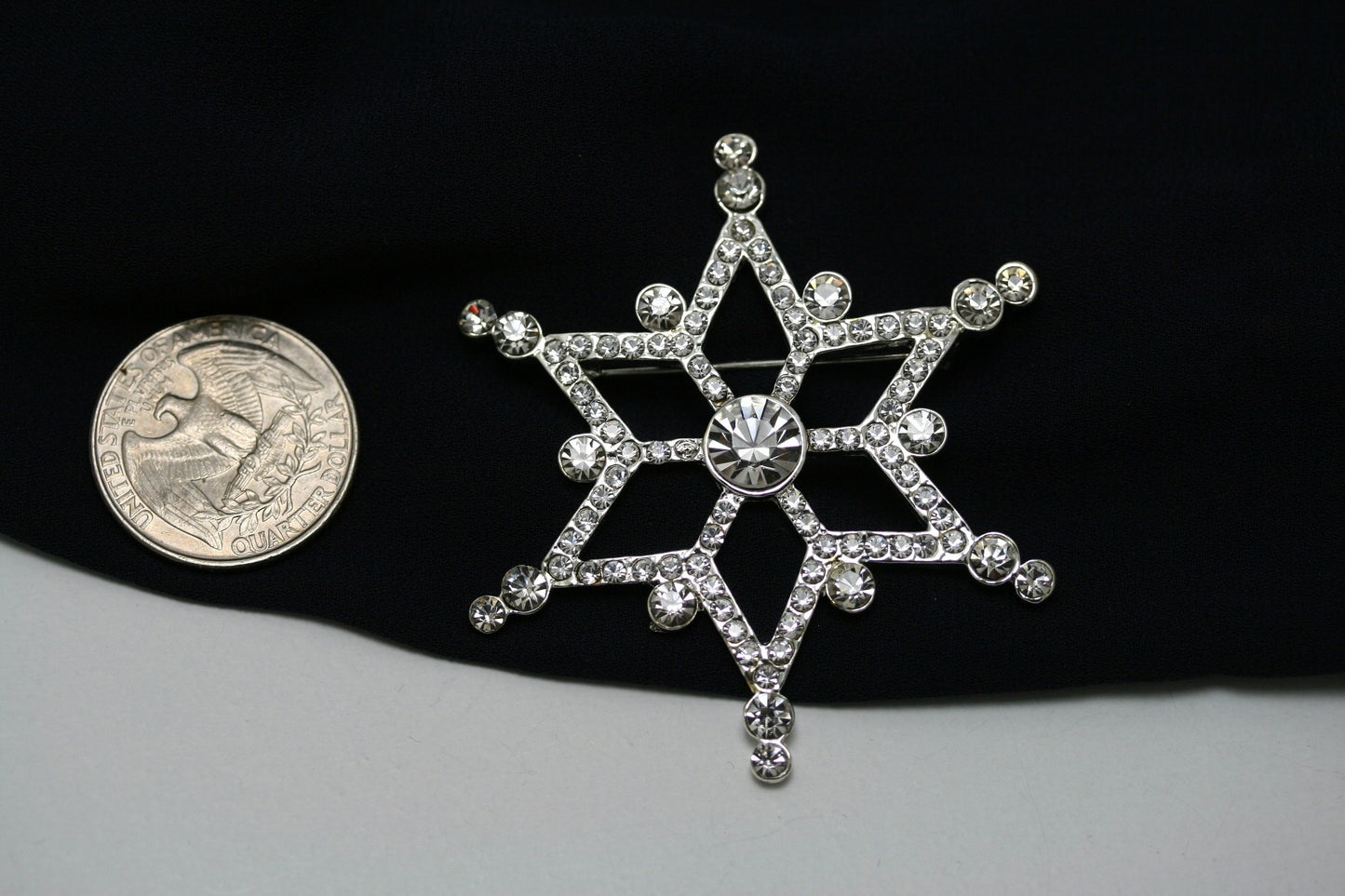 Rhinestone Christmas Silver-Plated Snowflake Star Brooch, Pin Winter Snow Xmas Jewelry, Holiday Jewelry Gift