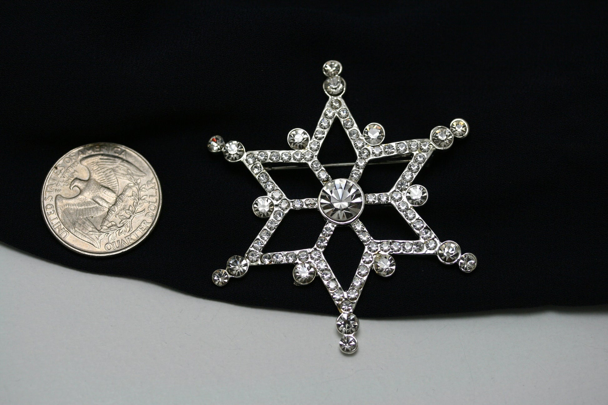 Rhinestone Christmas Silver-Plated Snowflake Star Brooch, Pin Winter Snow Xmas Jewelry, Holiday Jewelry Gift
