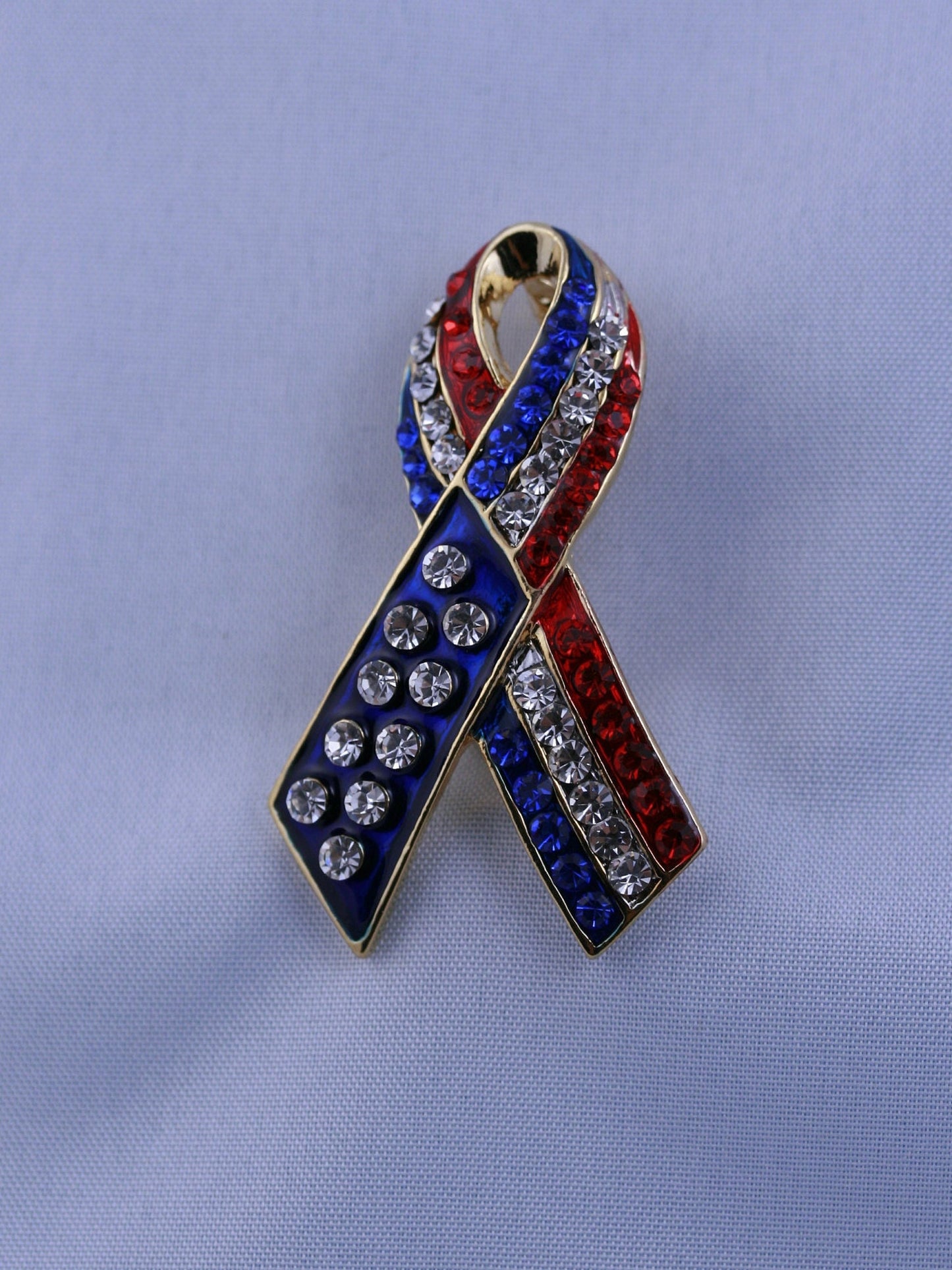 Patriotic Rhinestone American Flag Ribbon Brooch, Red White Blue Ribbon Pin, 4th July Independence Day Jewelry