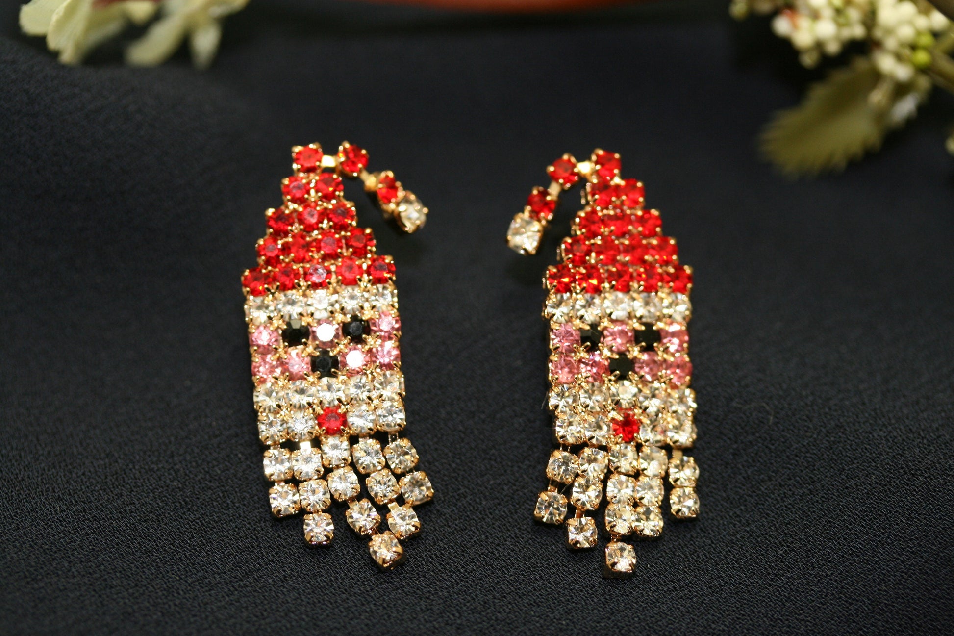 Rhinestone Christmas Santa Claus Face Stud Post Earrings, Santa Claus Face Pendant, Holiday Xmas Jewelry Gift