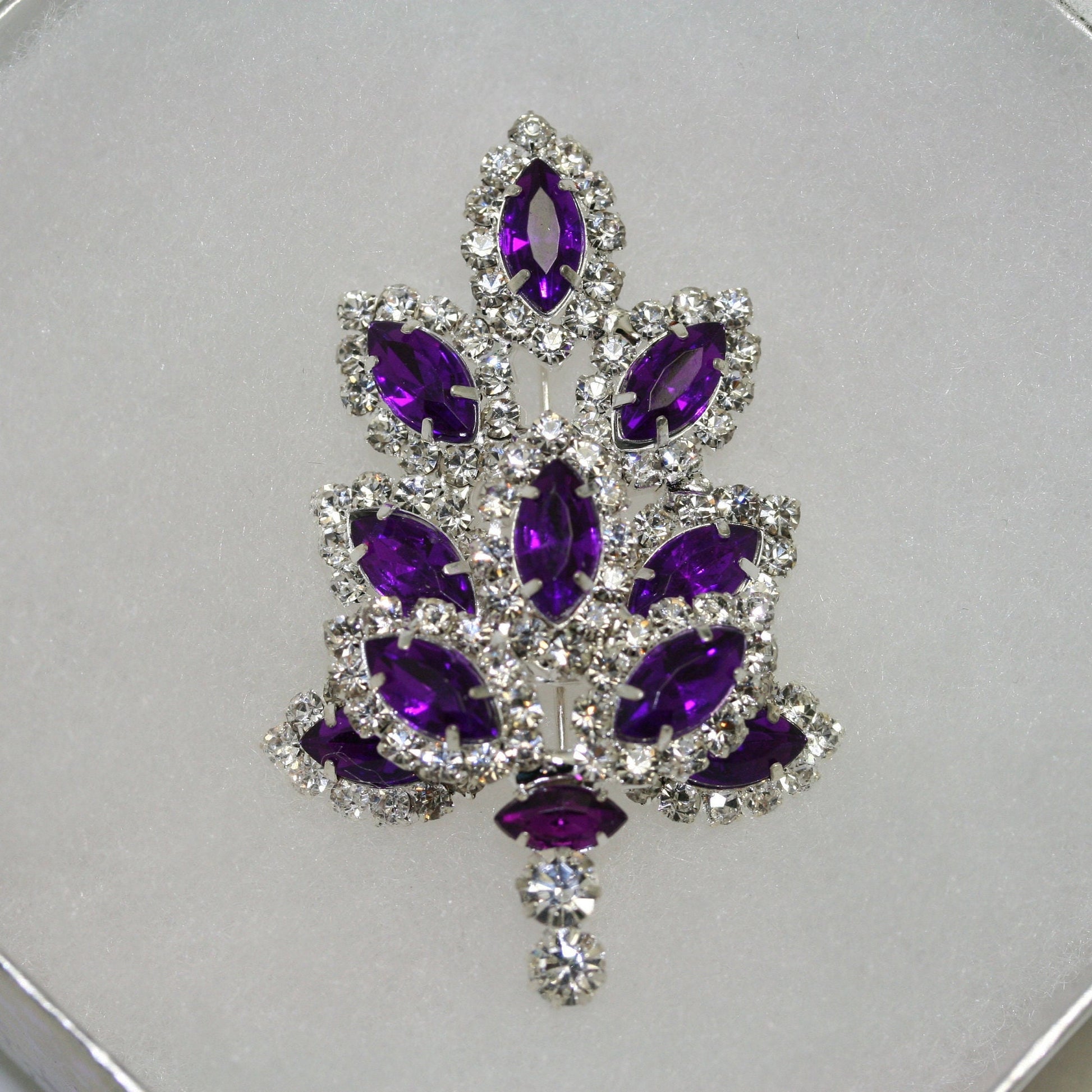 Dazzling Rhinestone Christmas Tree Brooch, Pin, Crystal Purple Xmas Tree, Costume Holiday Jewelry Gift