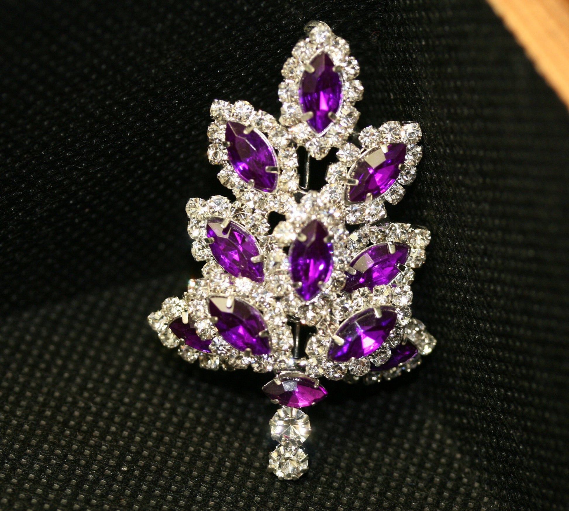 Dazzling Rhinestone Christmas Tree Brooch, Pin, Crystal Purple Xmas Tree, Costume Holiday Jewelry Gift
