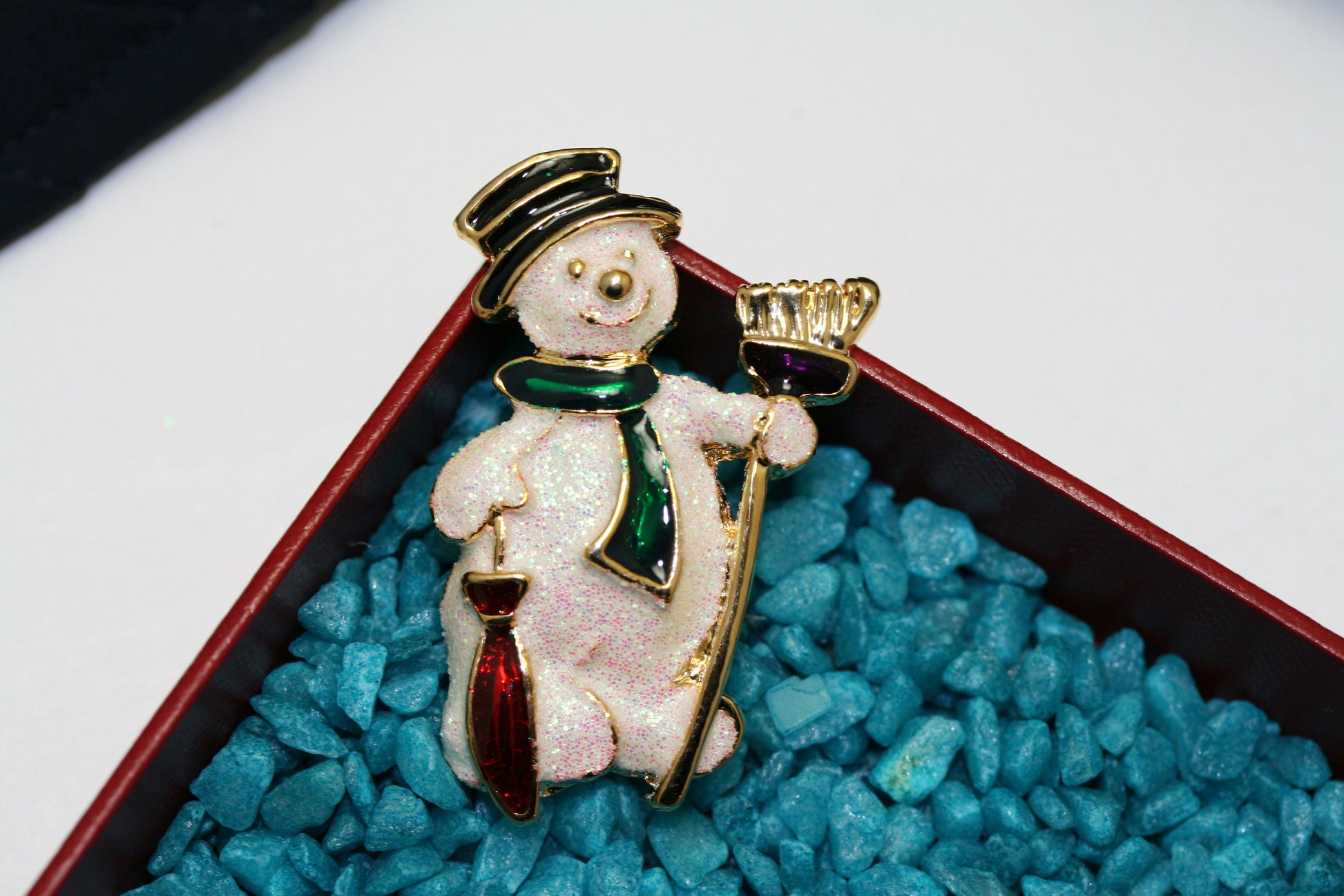 Vintage Christmas Snowman Brooch, Pin Sparkle GLITTER Enamel/metal Holiday Jewelry Gift