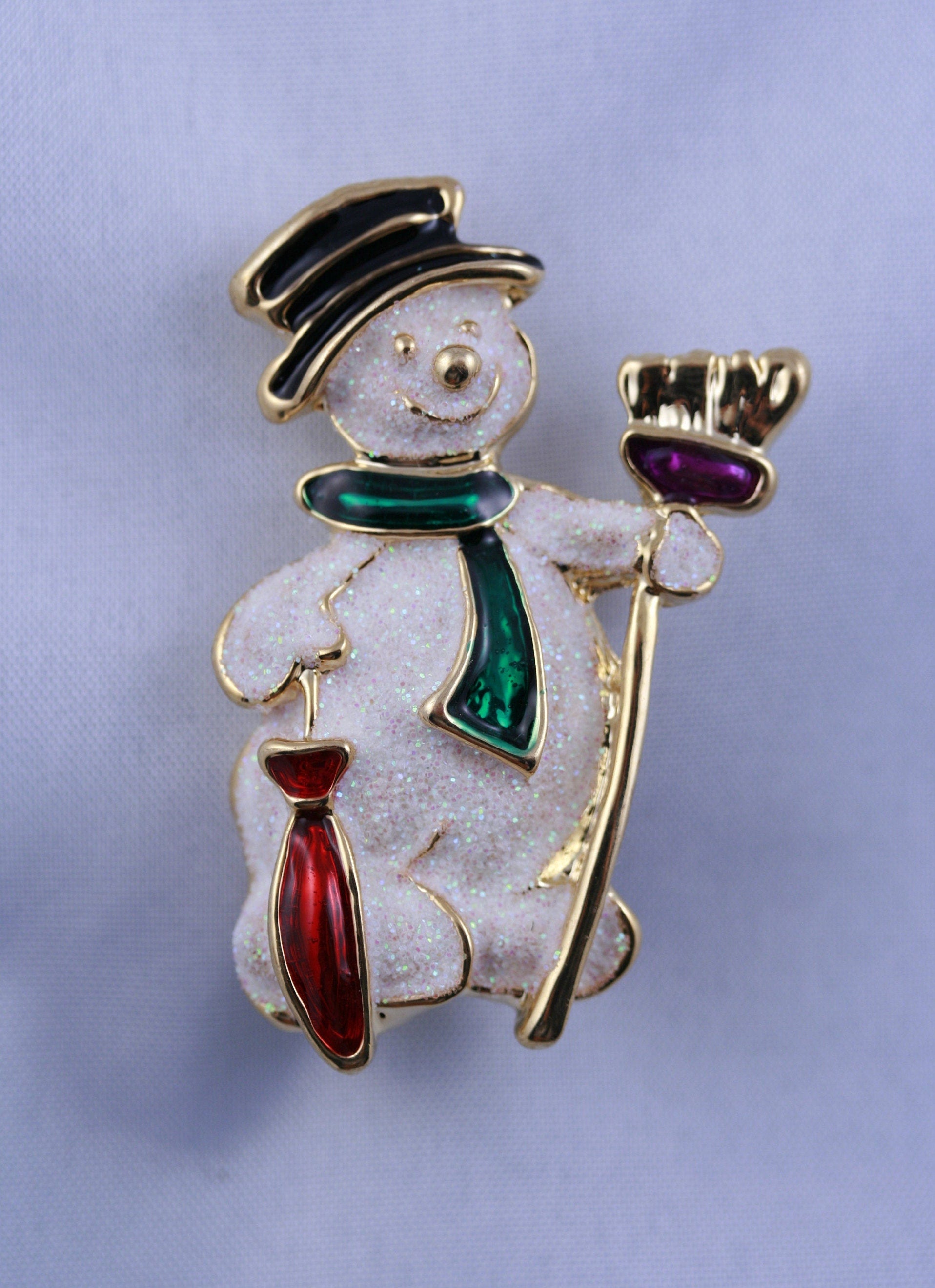 Vintage Christmas Snowman Brooch, Pin Sparkle GLITTER Enamel/metal Holiday Jewelry Gift