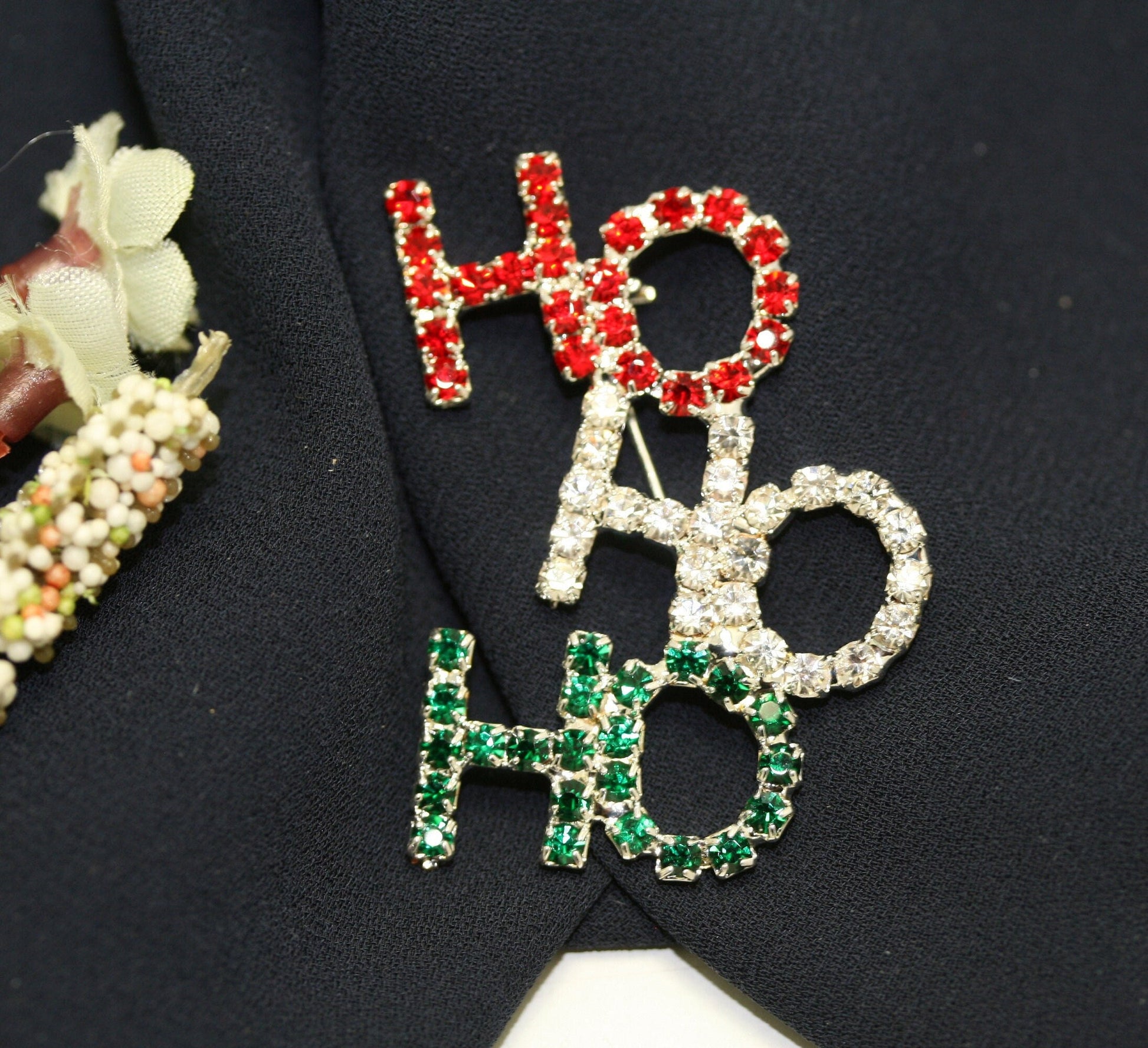 Rhinestone Christmas Colored HO HO HO Brooch Pin