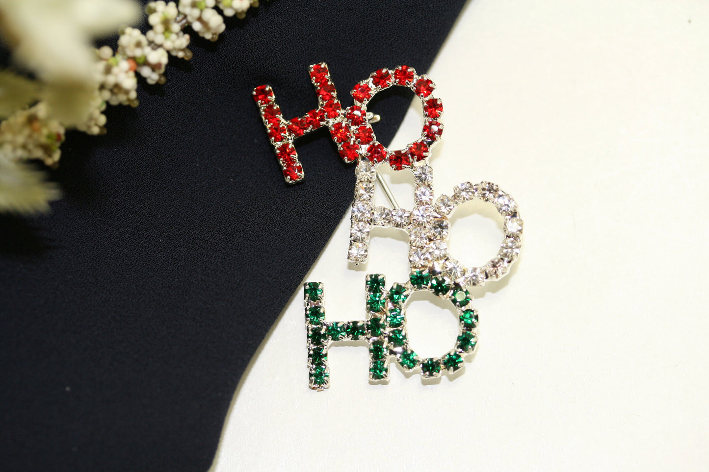 Rhinestone Christmas Colored HO HO HO Brooch Pin