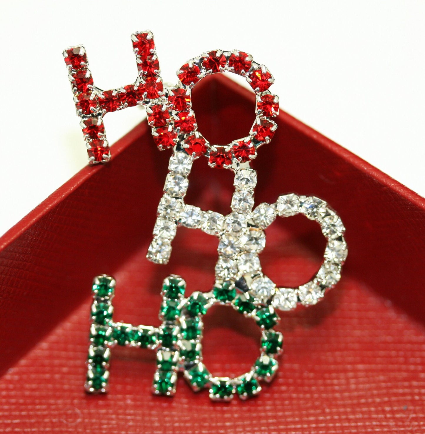 Rhinestone Christmas Colored HO HO HO Brooch Pin