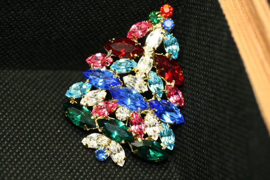 Vintage Multi-Colors Rhinestone Christmas Tree Brooch Pin, Holiday Gem Jewelry Gift