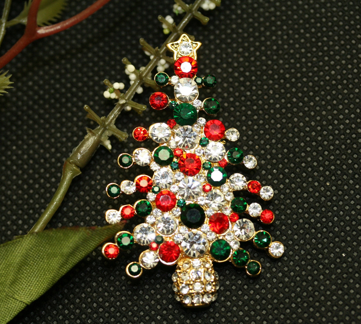 Rhinestone Embellished Holiday Galore CHRISTMAS Tree Brooch, Multi-colors Xmas Holiday Jewelry Gift