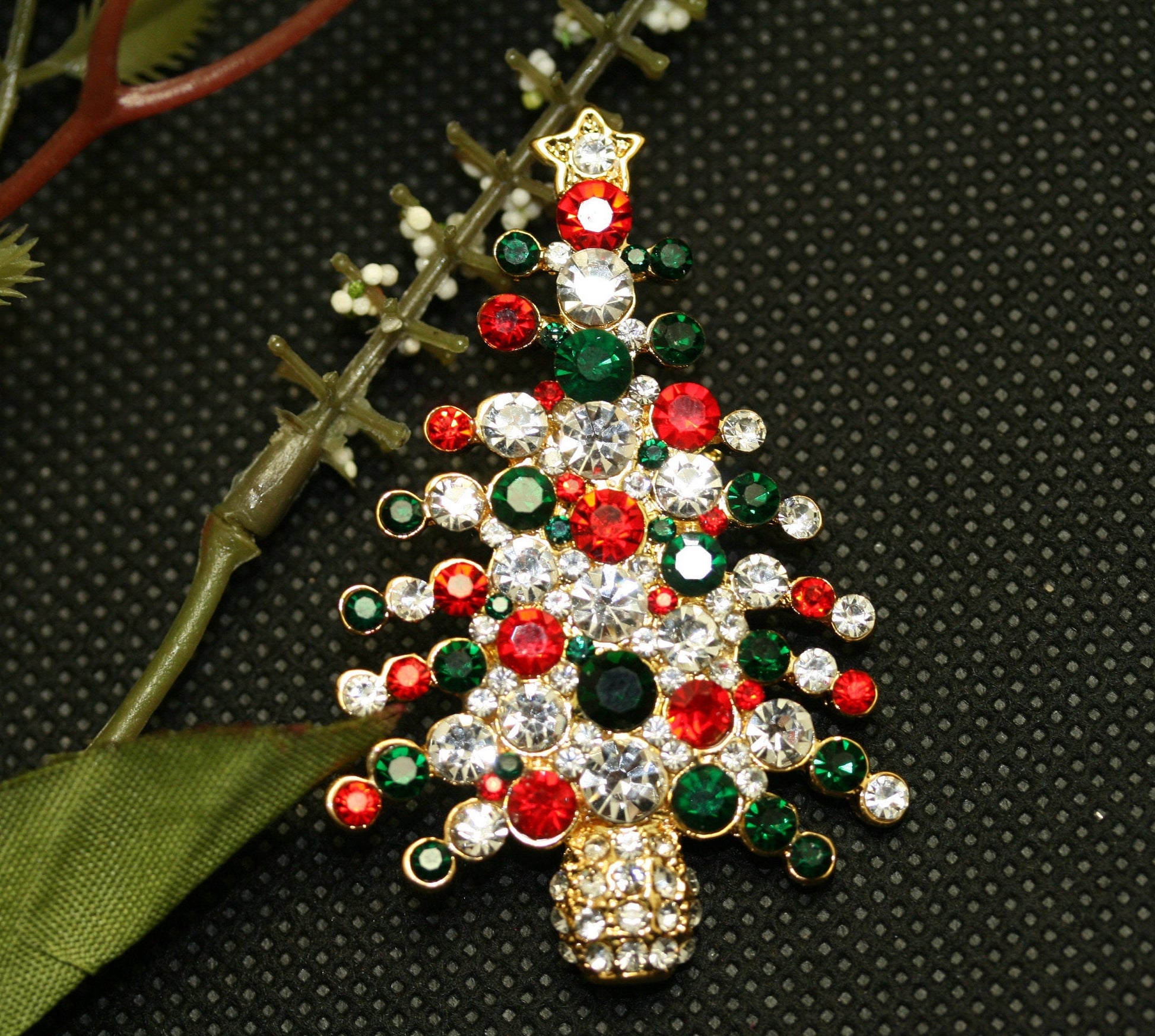 Rhinestone Embellished Holiday Galore CHRISTMAS Tree Brooch, Multi-colors Xmas Holiday Jewelry Gift
