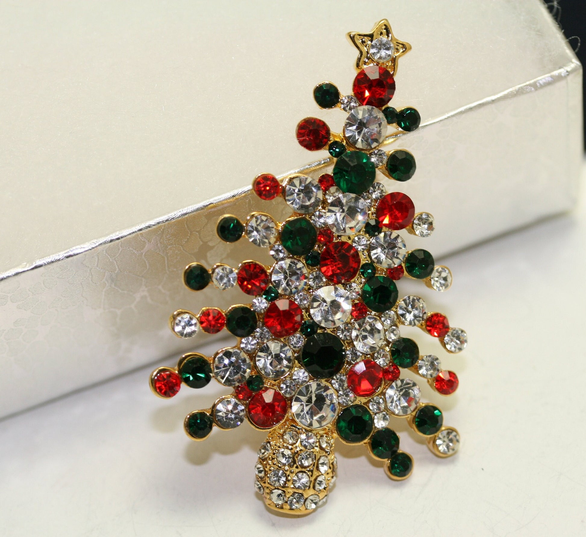 Rhinestone Embellished Holiday Galore CHRISTMAS Tree Brooch, Multi-colors Xmas Holiday Jewelry Gift
