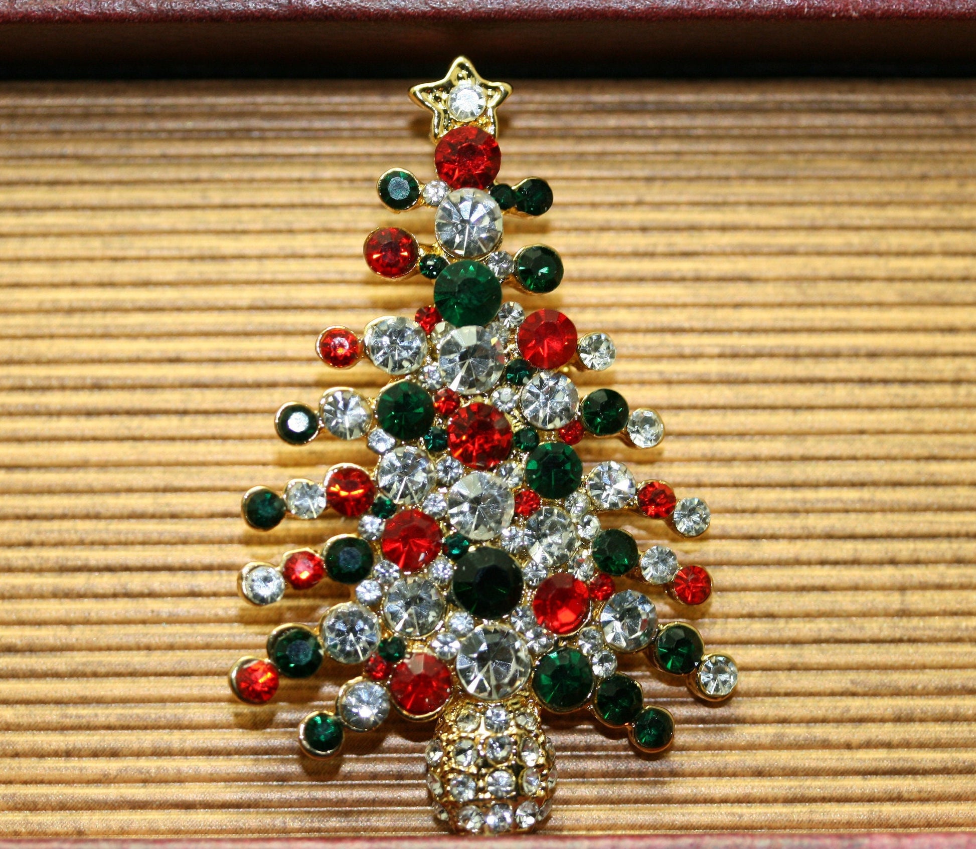 Rhinestone Embellished Holiday Galore CHRISTMAS Tree Brooch, Multi-colors Xmas Holiday Jewelry Gift