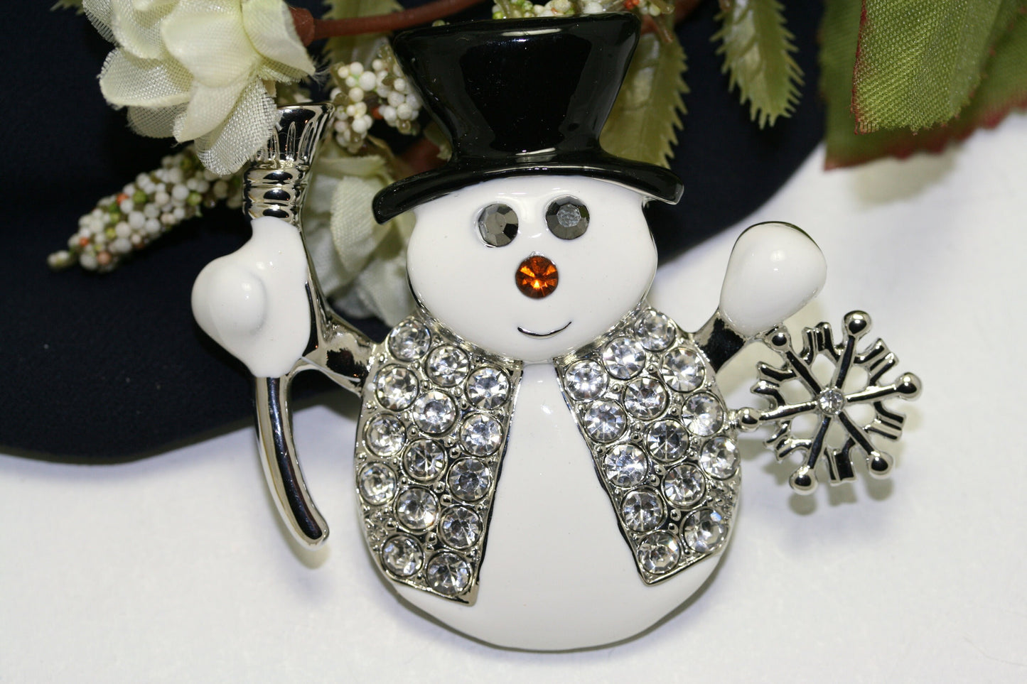 Christmas Snowman Brooch, Glittery and Glitzy Snowman Pin with Clear Rhinestones and Enameling, Holiday Fashion Jewelry