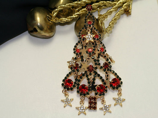 Large Rhinestone Christmas Tree Brooch Dangle Star Ornaments Crystal Red Green, Crystal Xmas tree Holiday Jewelry Gift