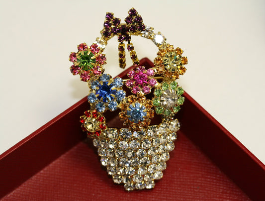 Vintage Design Rhinestone Easter Flower Basket Brooch Pin, Easter Egg Basket Jewelry Gift, Easter Brooch Jewelry