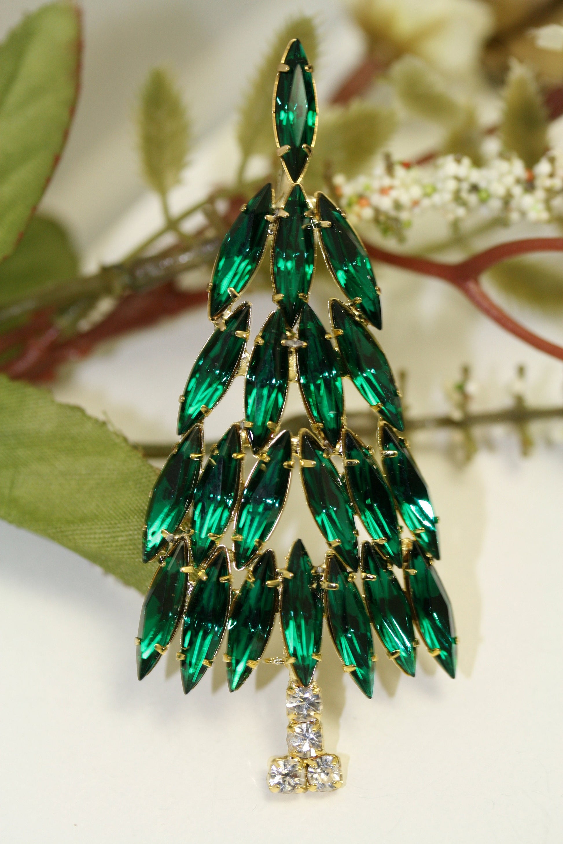 Emerald Green Rhinestone Christmas Tree Brooch Pin, Christmas Jewelry Gift