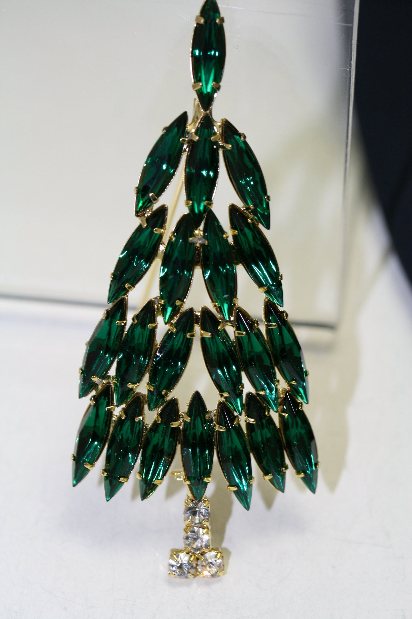 Emerald Green Rhinestone Christmas Tree Brooch Pin, Christmas Jewelry Gift