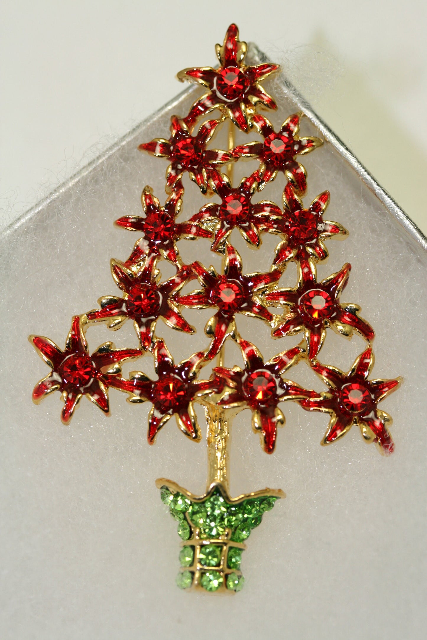 Rhinestone Red Poinsettia Christmas Tree Brooch, Poinsettia with Red Enamel Brooch-Christmas Pin-Costume Xmas Tree Jewelry