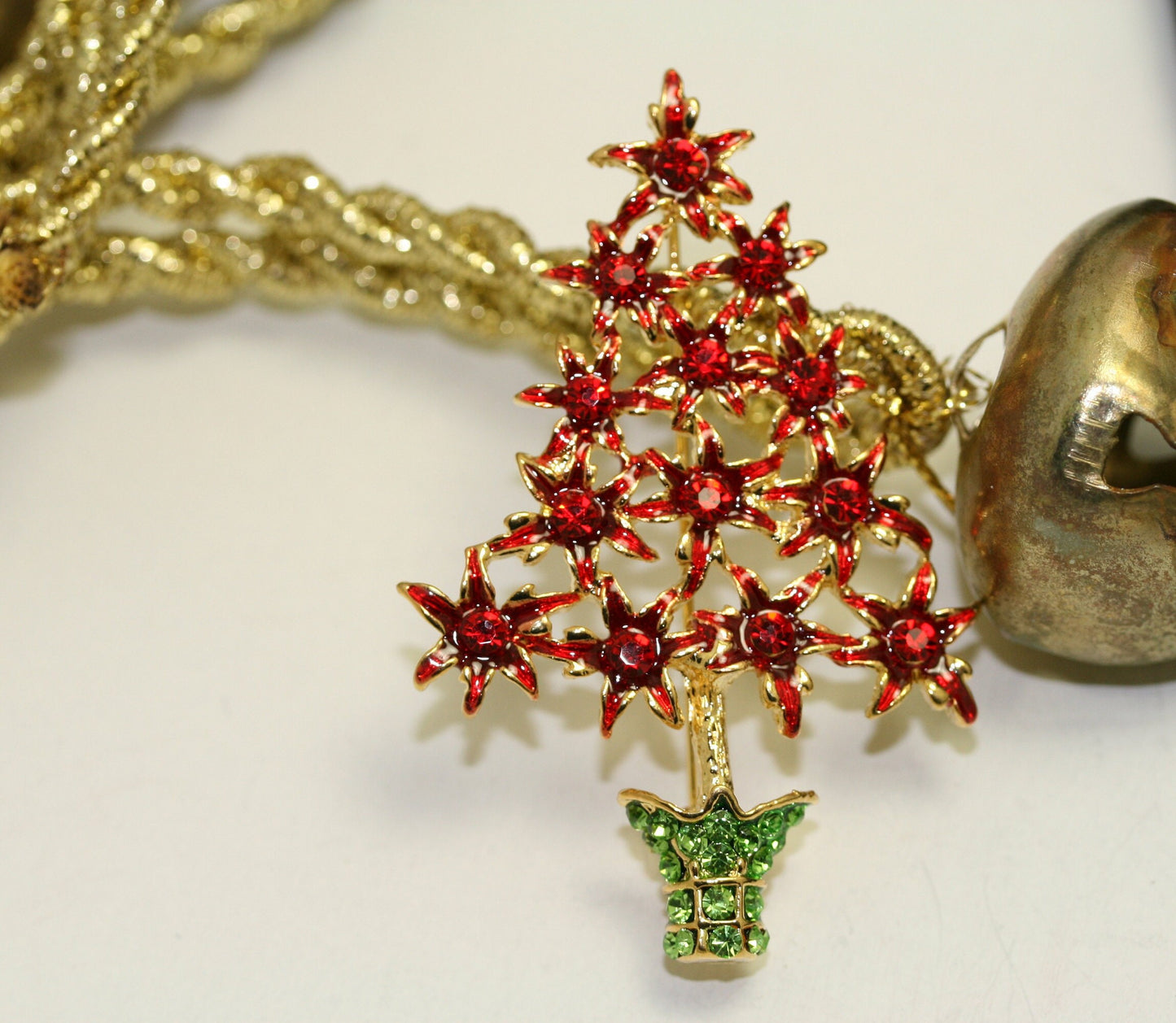 Rhinestone Red Poinsettia Christmas Tree Brooch, Poinsettia with Red Enamel Brooch-Christmas Pin-Costume Xmas Tree Jewelry