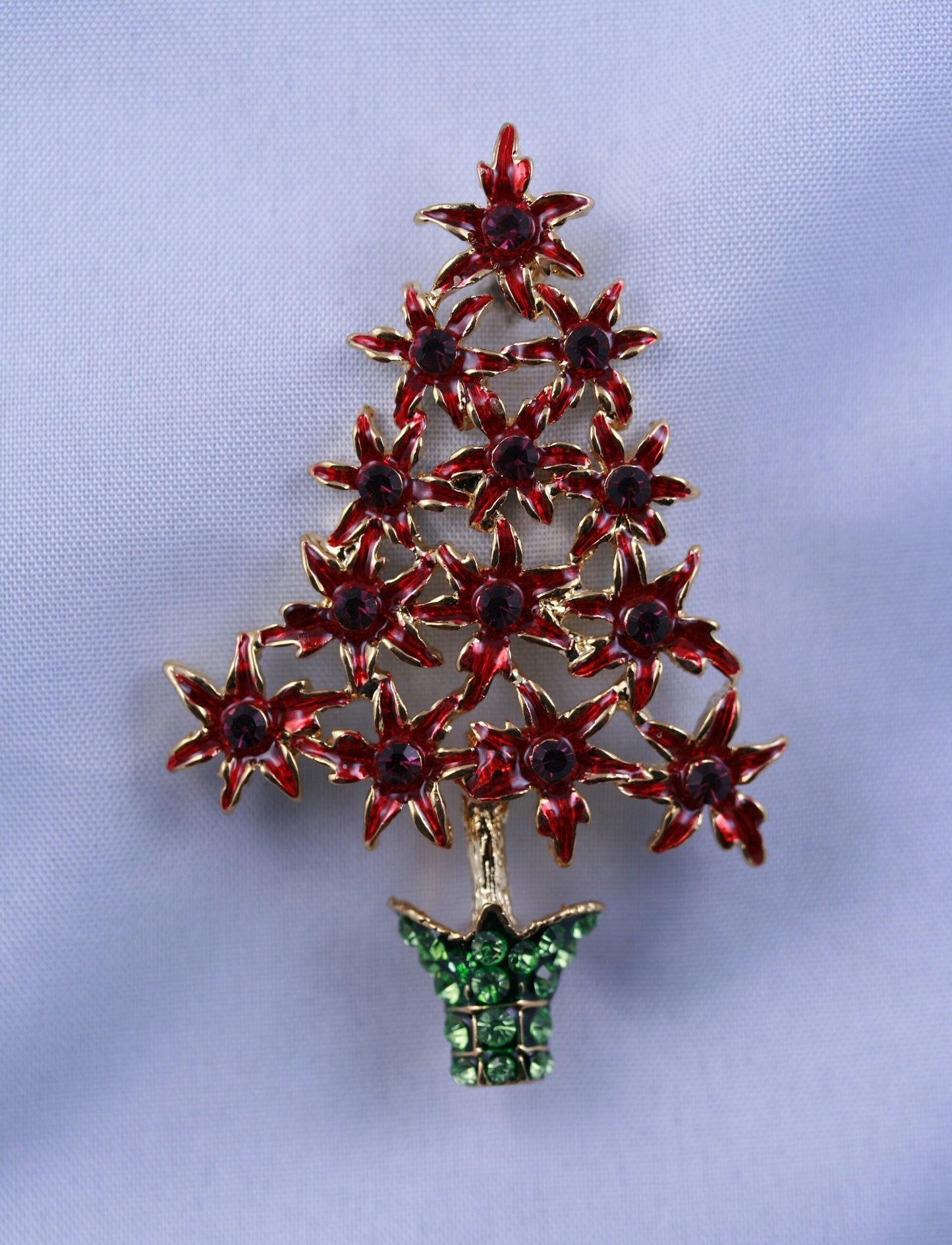 Rhinestone Red Poinsettia Christmas Tree Brooch, Poinsettia with Red Enamel Brooch-Christmas Pin-Costume Xmas Tree Jewelry