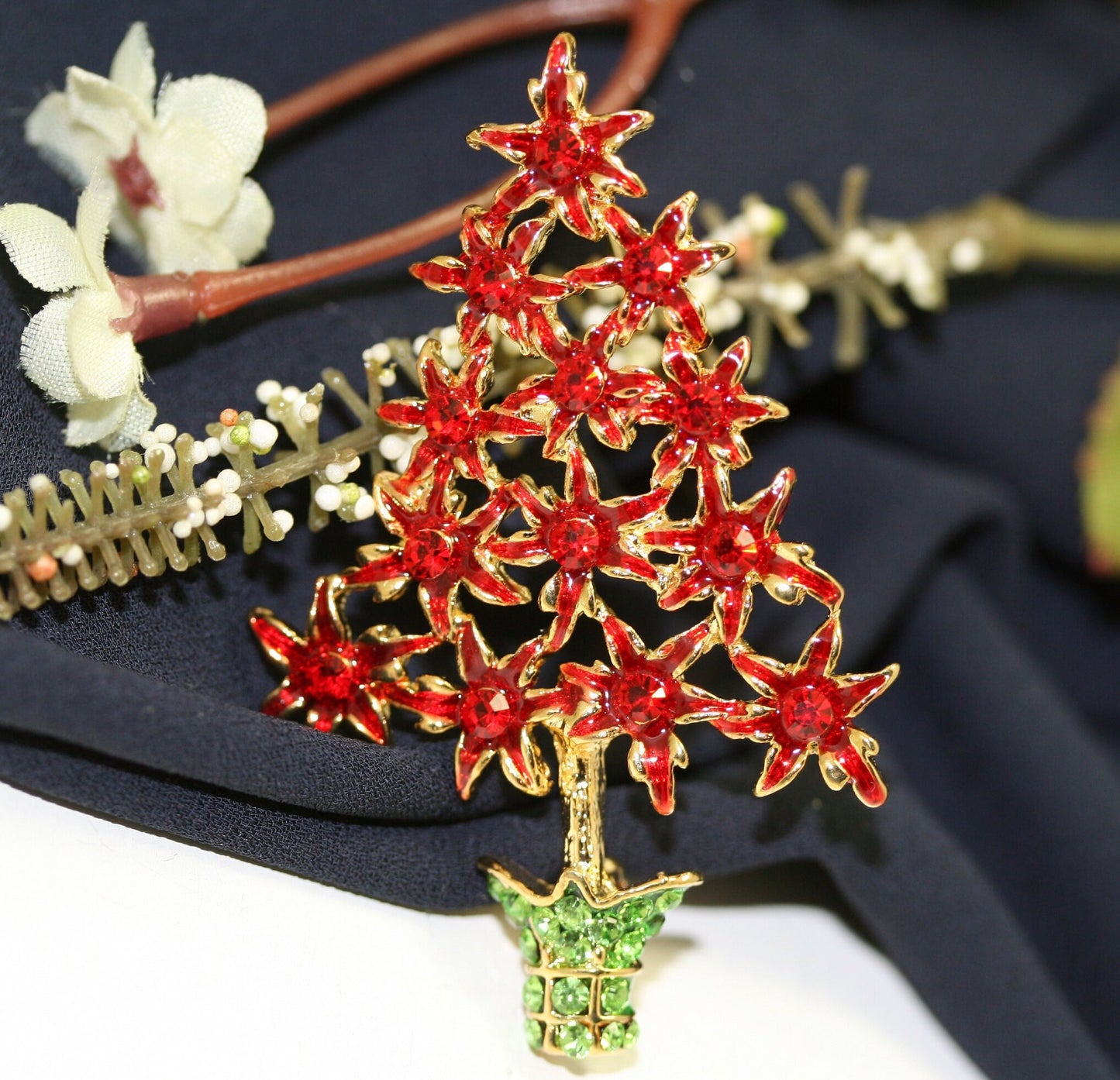 Rhinestone Red Poinsettia Christmas Tree Brooch, Poinsettia with Red Enamel Brooch-Christmas Pin-Costume Xmas Tree Jewelry