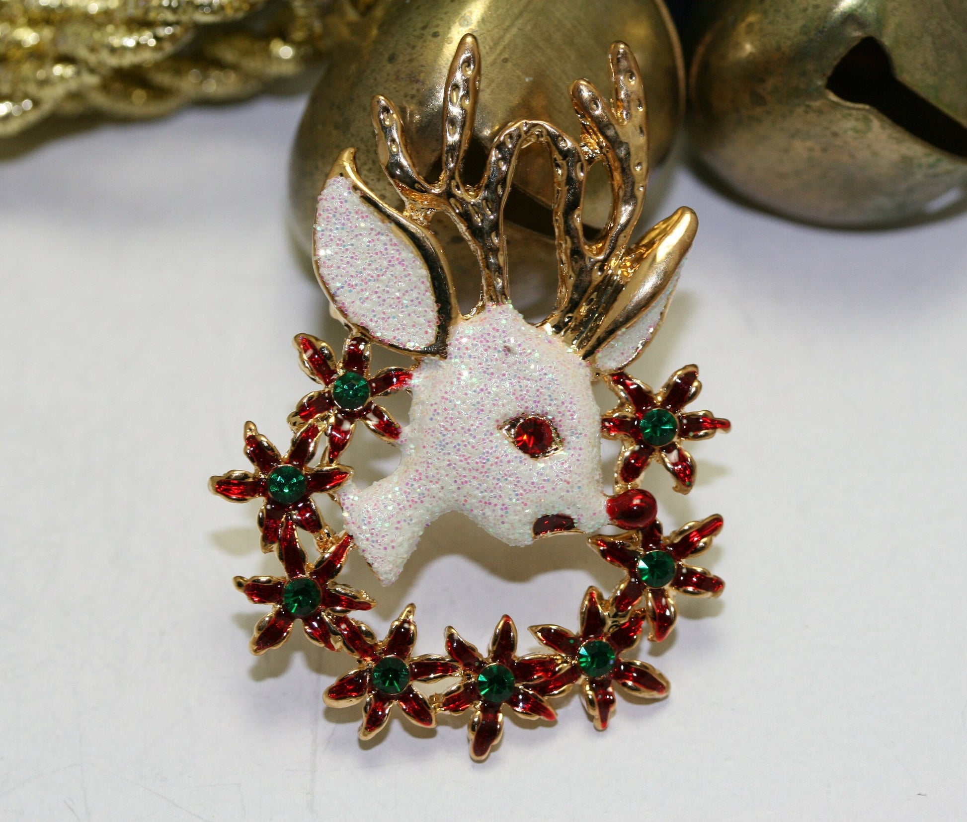 Rhinestone White Glitter Reindeer brooch Pin , Christmas Poinsettia Wreath Brooch, Holiday Jewelry Gift