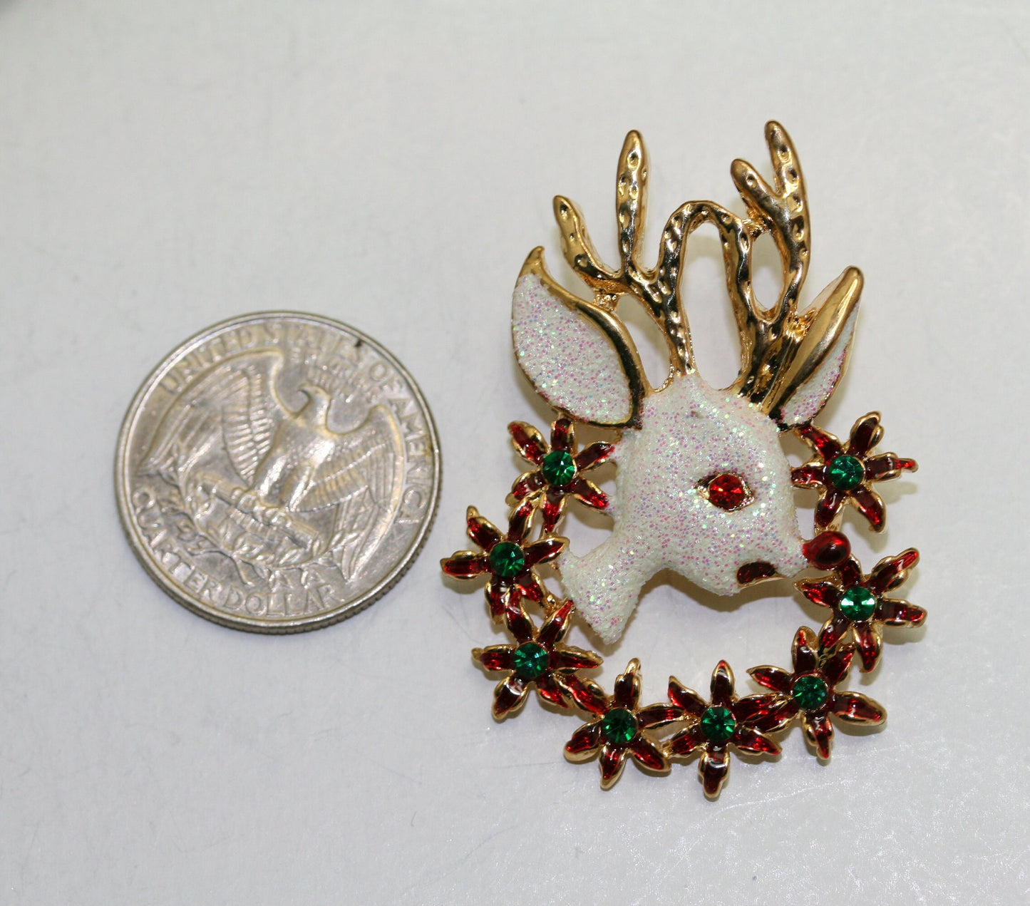 Rhinestone White Glitter Reindeer brooch Pin , Christmas Poinsettia Wreath Brooch, Holiday Jewelry Gift