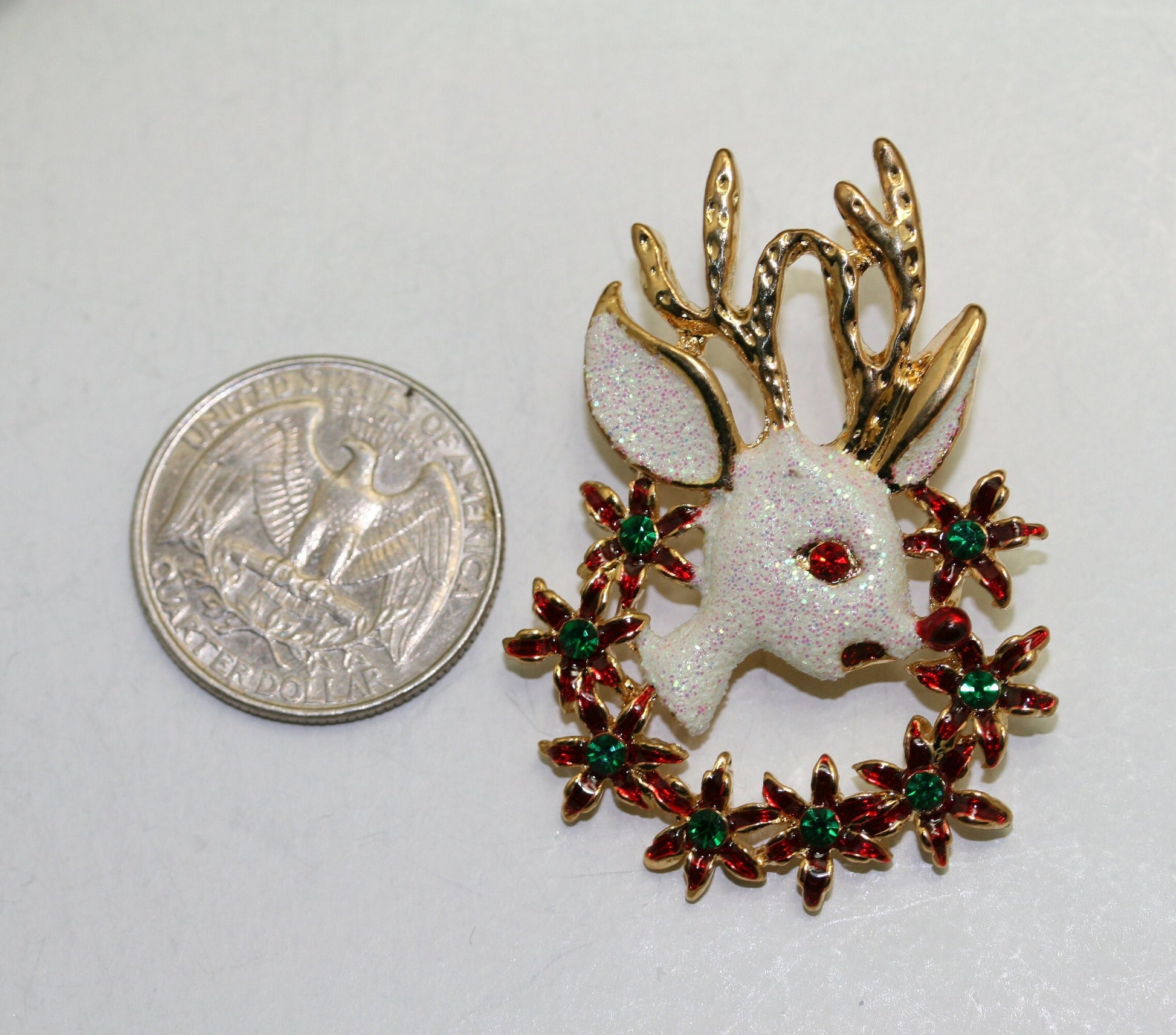 Rhinestone White Glitter Reindeer brooch Pin , Christmas Poinsettia Wreath Brooch, Holiday Jewelry Gift