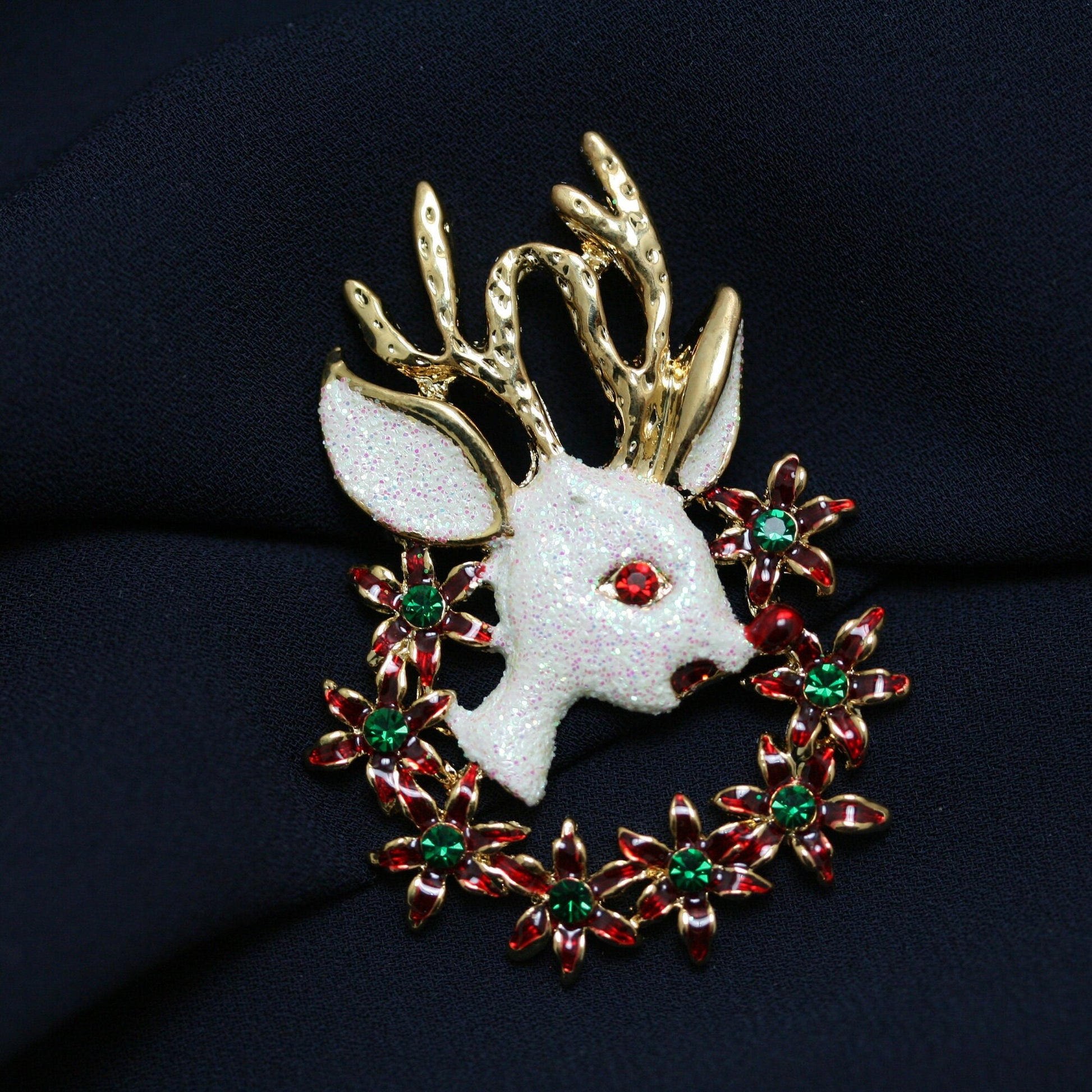 Rhinestone White Glitter Reindeer brooch Pin , Christmas Poinsettia Wreath Brooch, Holiday Jewelry Gift