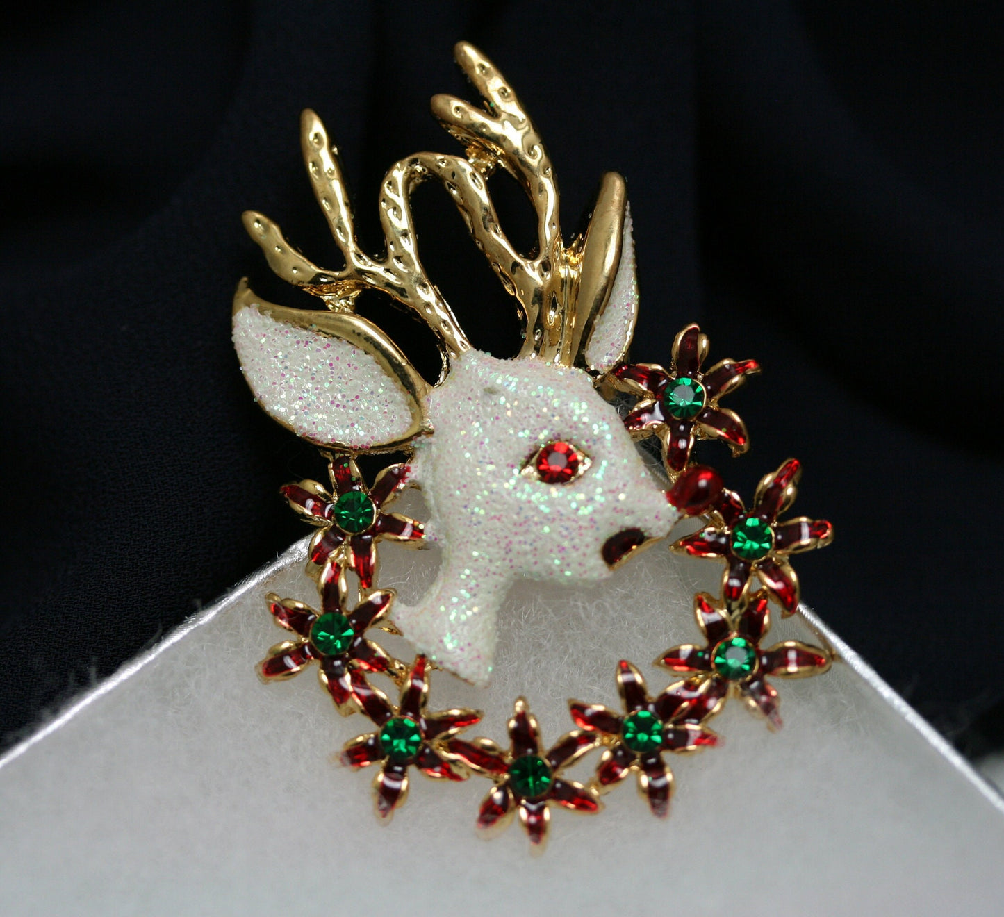 Rhinestone White Glitter Reindeer brooch Pin , Christmas Poinsettia Wreath Brooch, Holiday Jewelry Gift