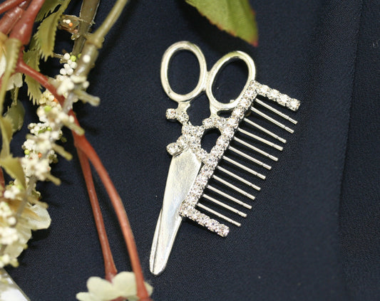 SCISSORS/COMB (Crystal/Silver) Rhinestone Brooch Pin, Hair Solon Accessories, Hairdresser Pin Stylist