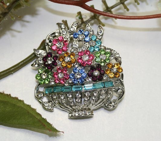 Pastel Rhinestone Mother's Day Easter Flower Bouquet Basket Vase Pin Brooch