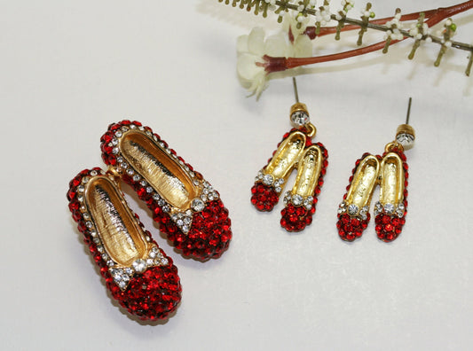 Ruby Rhinestone Slipper Brooch/Pin & Dangle Earrings Set, Red Ruby Rhinestone Gold Tone Slipper Jewelry Set