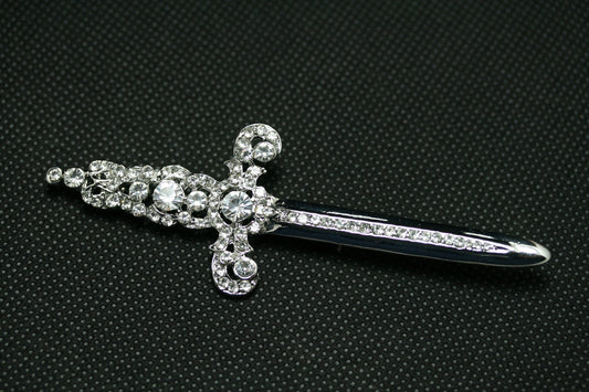 Rhinestone Jeweled Silver-plated Sword Pin Brooch Knight, Beautiful Vintage Crown Sword Jewelry Gift