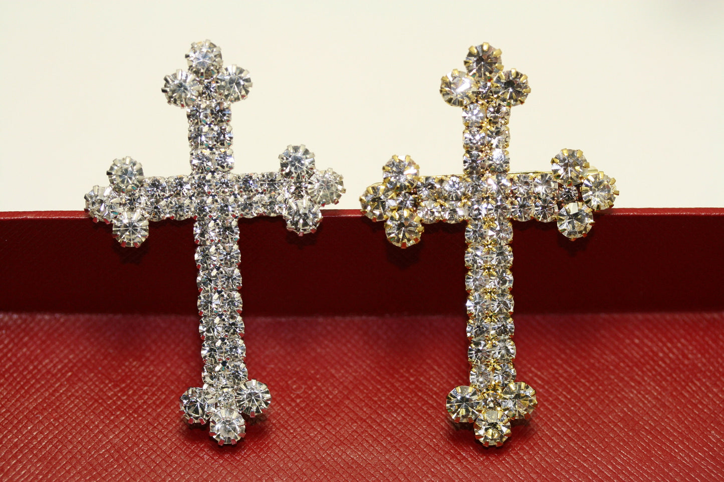 Stunning Silver and Gold Tone Crystal Rhinestone Christian Budded Cross Brooch Pin, Religious Cross Jewelry