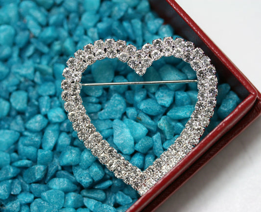 Clear Rhinestone Open Heart Brooch Pin Silver Tone Bling Shiny Sparkly, Valentine's day Heart Jewelry