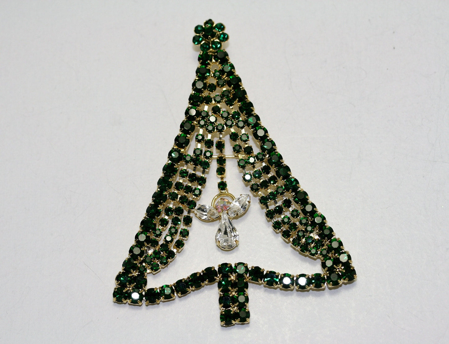 Emerald Green Rhinestone Christmas Tree Brooch Pin, Crystal Christmas Tree, Costume Holiday Jewelry Gift