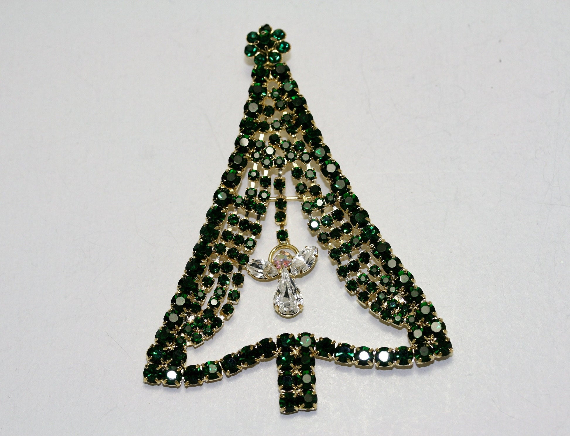 Emerald Green Rhinestone Christmas Tree Brooch Pin, Crystal Christmas Tree, Costume Holiday Jewelry Gift